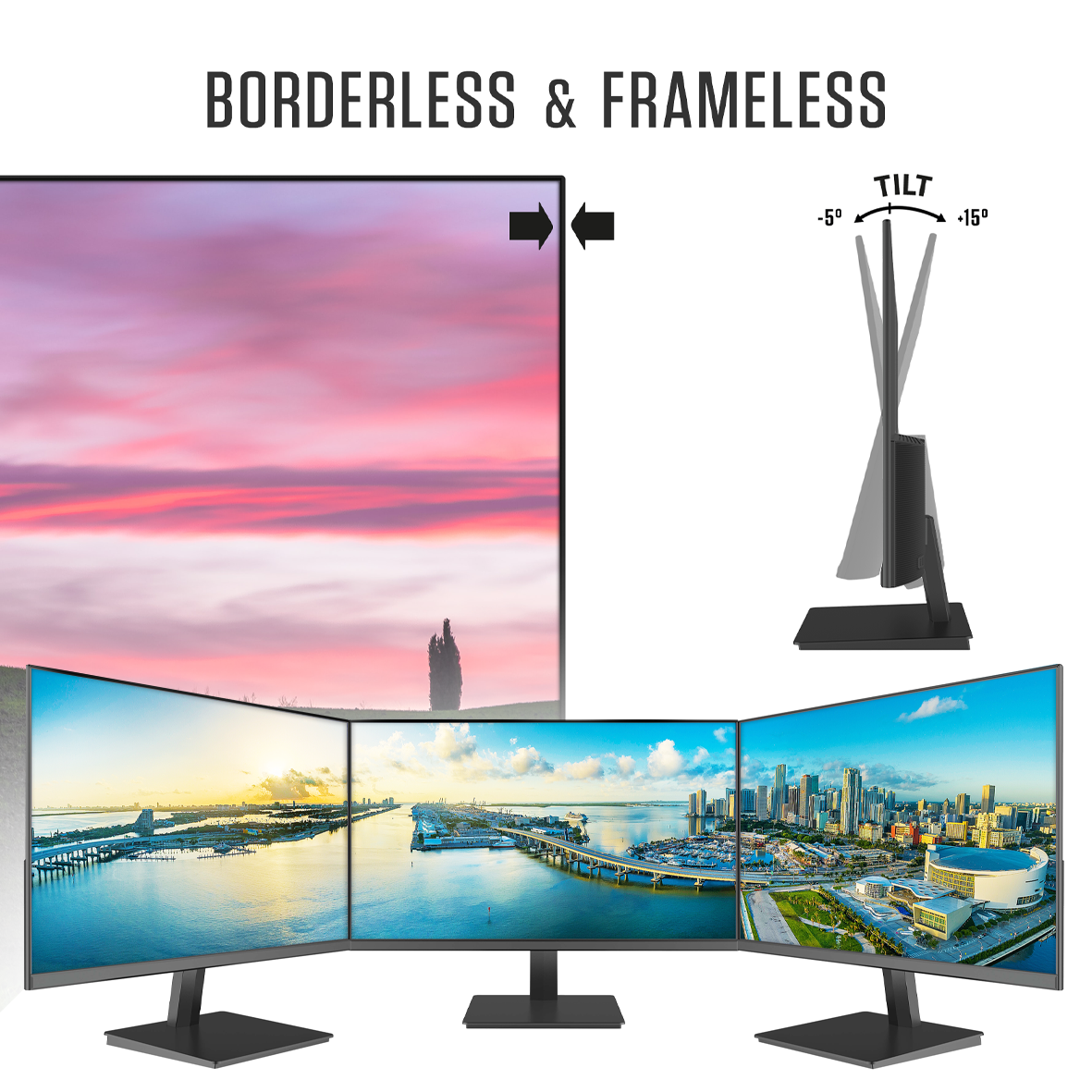 Design del monitor senza bordi, inclinazione da -5° a +15° e configurazione a triplo schermo.
