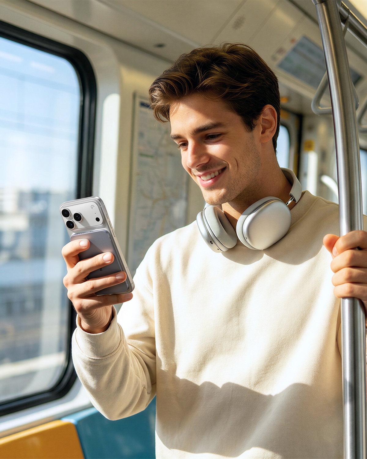 Uśmiechnięty mężczyzna w słuchawkach trzyma smartfon i poręcz w pociągu.