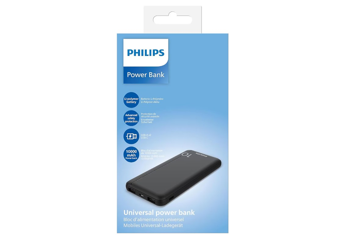 Siyah 10000mAh bataryayı gösteren mavi Philips taşınabilir şarj cihazı kutusu.