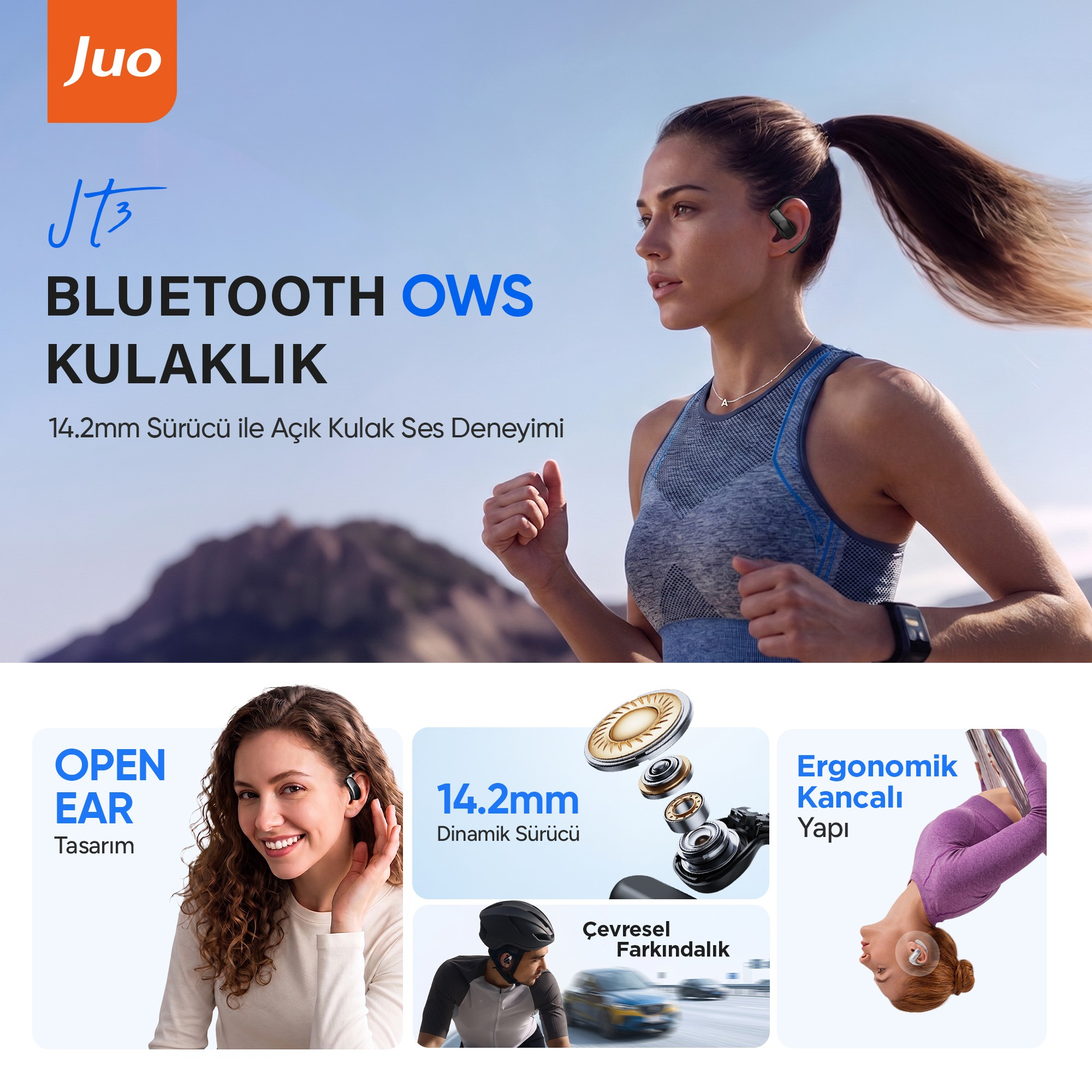 Koşan bir kadın tarafından takılan Juo Bluetooth OWS kulaklık ve ürün özellikleri.