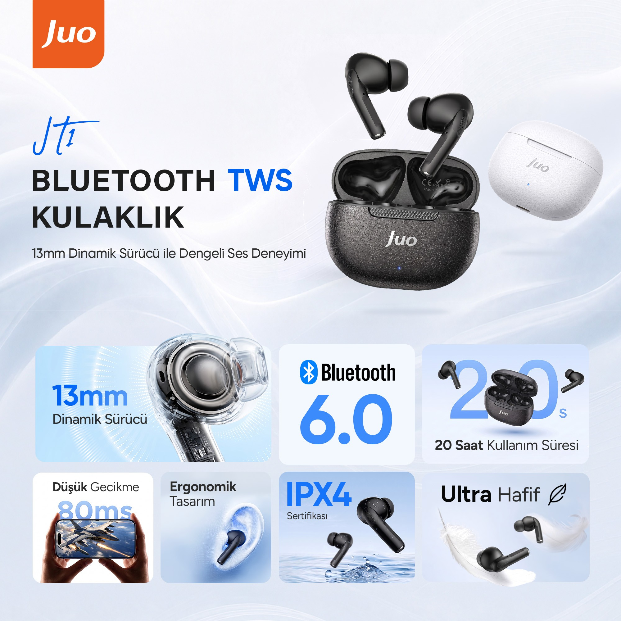 Siyah ve beyaz kutulu JuO JT1 Bluetooth TWS kulaklık, 13mm sürücü ve Bluetooth 6.0 gibi özellikleriyle.