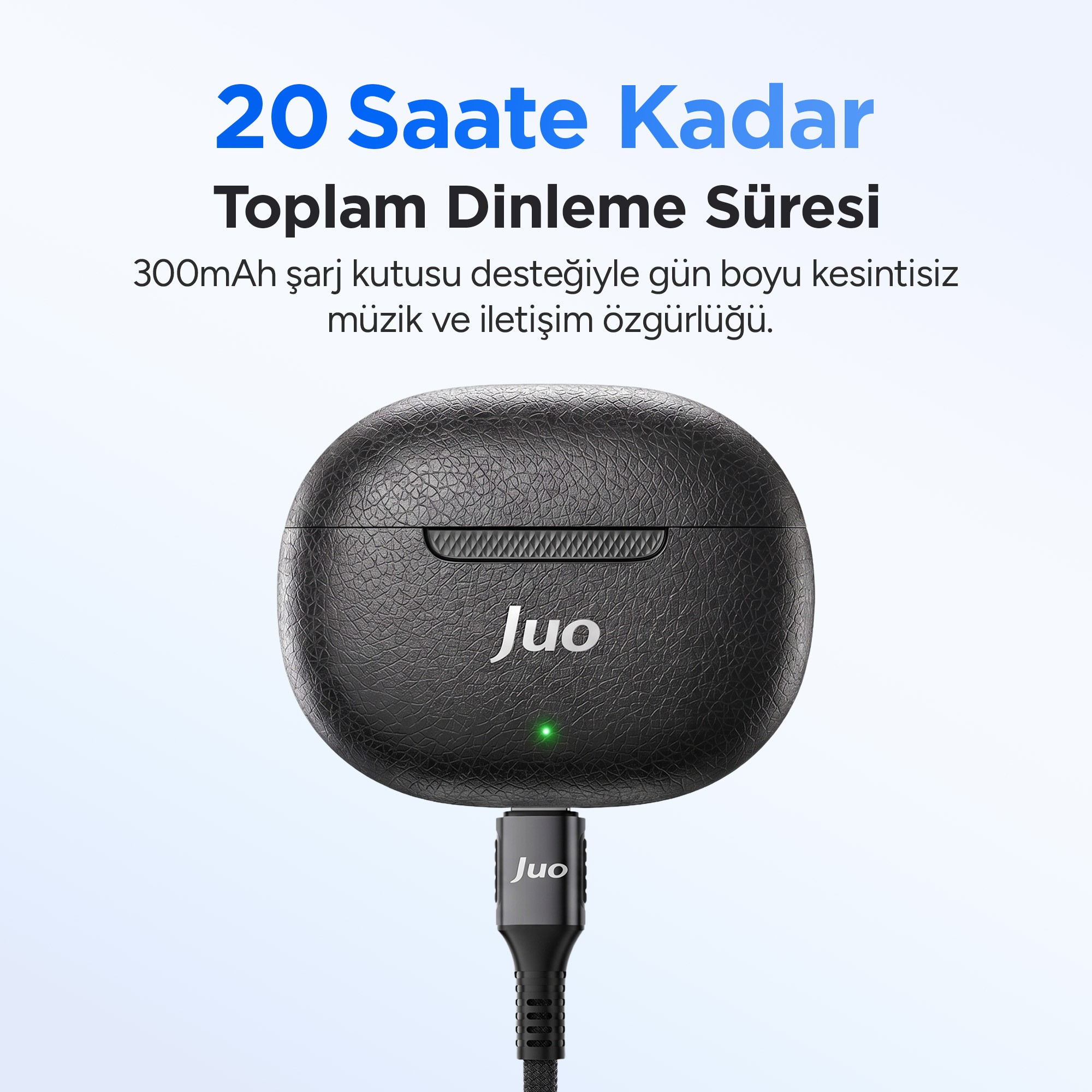 Açık arka planda kablolu siyah Juo şarj kutusu ve metin.