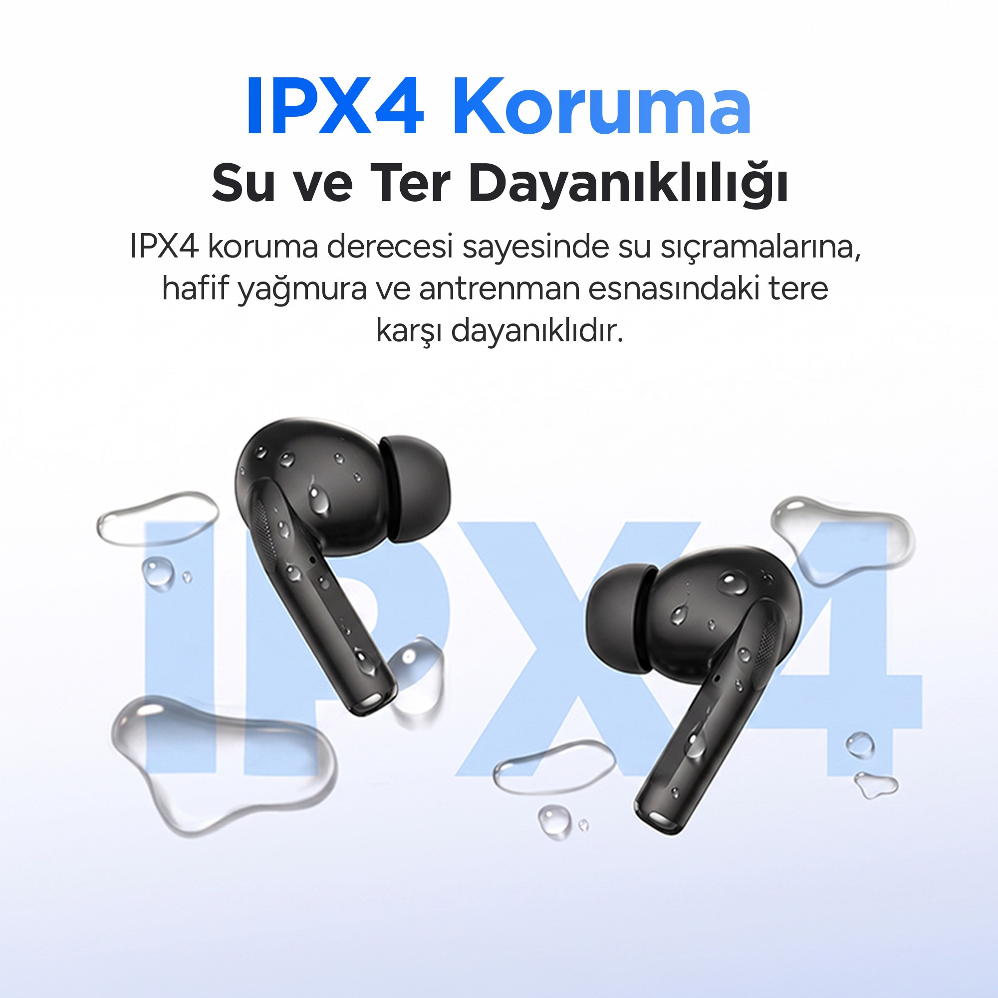 Su damlaları ve turkuaz IPX4 yazısı olan siyah kulaklıklar.