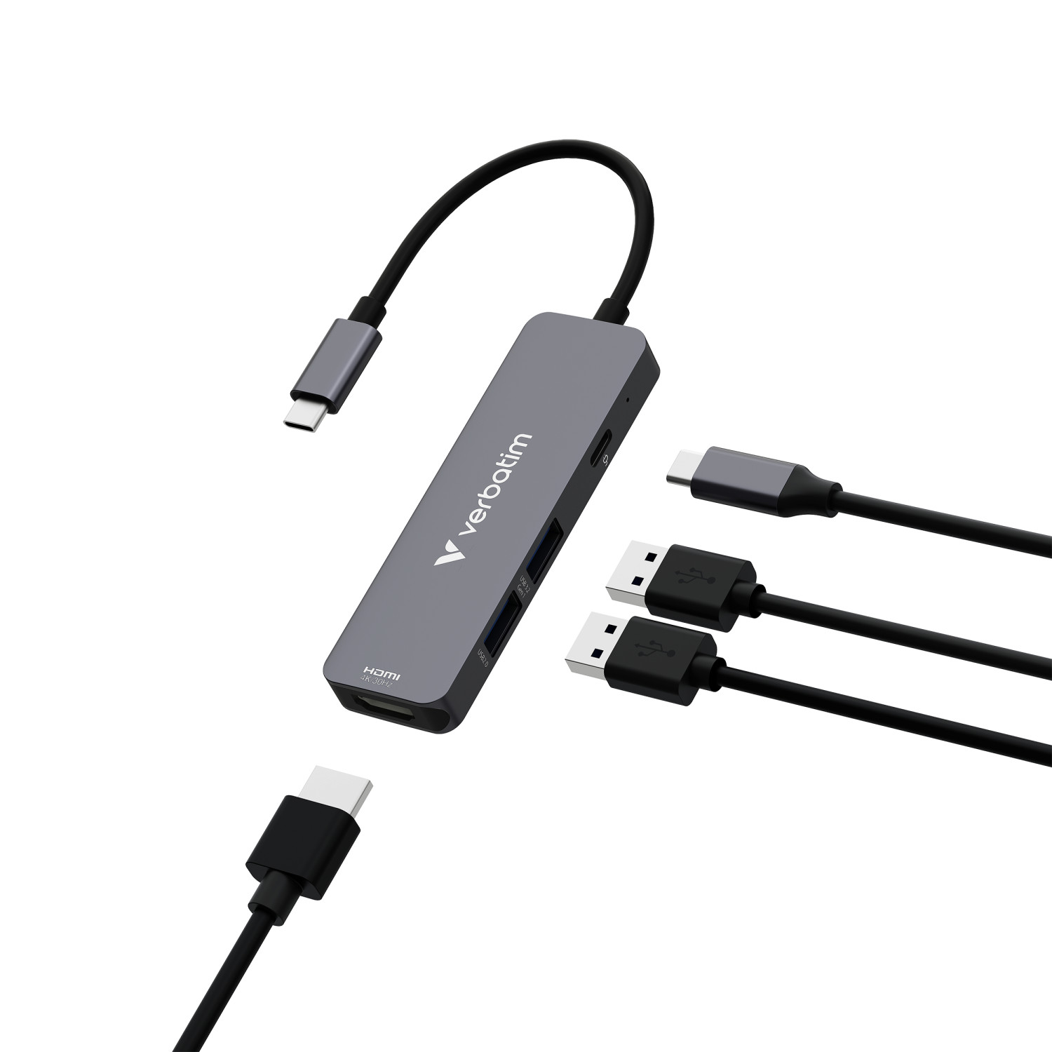 Grijze Verbatim USB-C-hub met meerdere aangesloten kabels en poorten tegen een witte achtergrond.