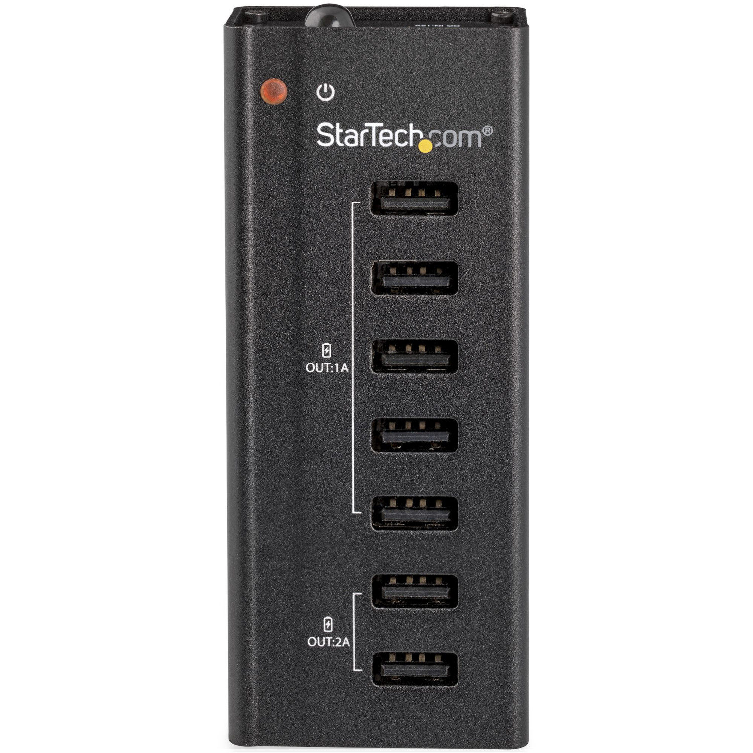 A black StarTech.com USB hub with eight ports and a power indicator light.
