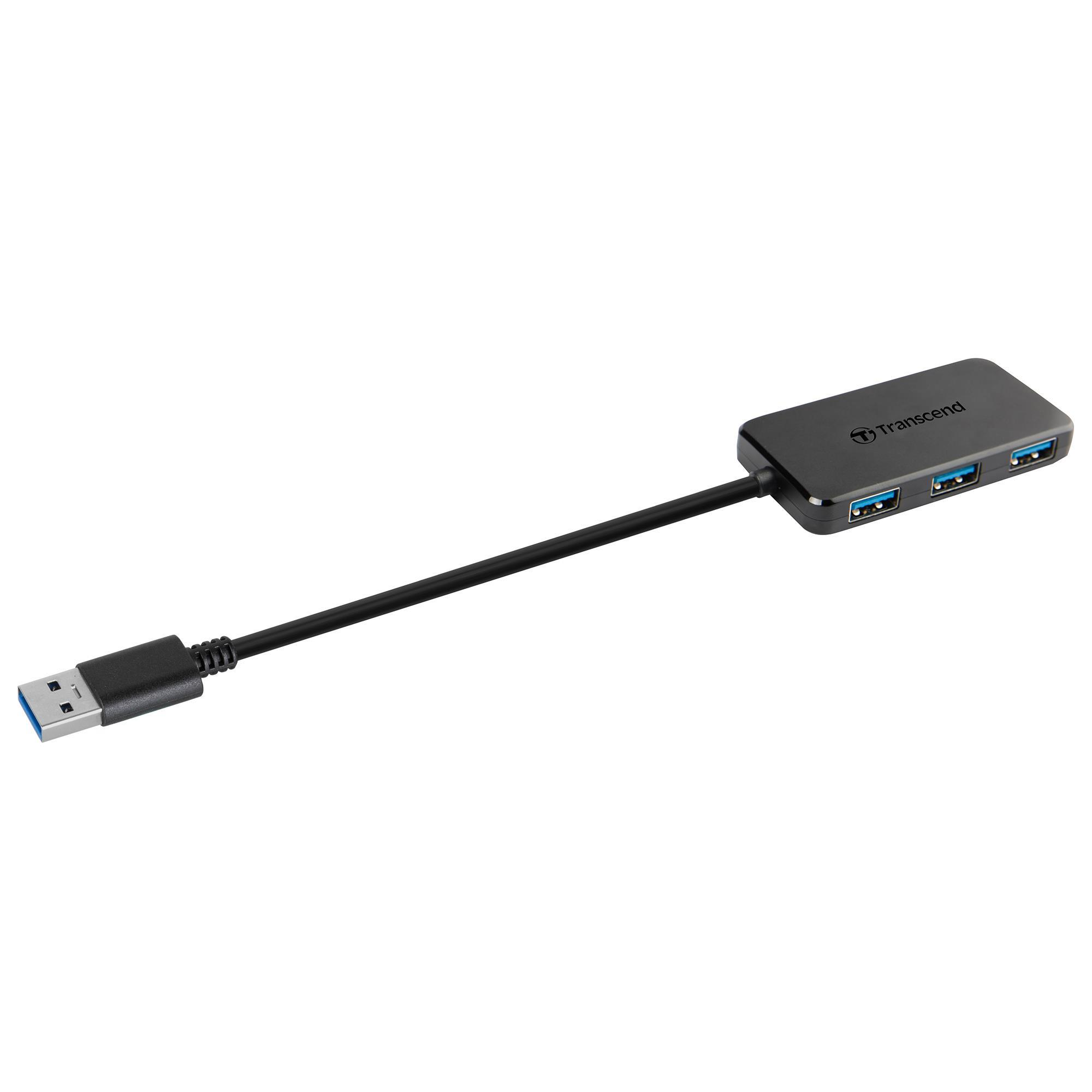 Hub USB Transcend nero con tre porte e un cavo USB-A su sfondo bianco.