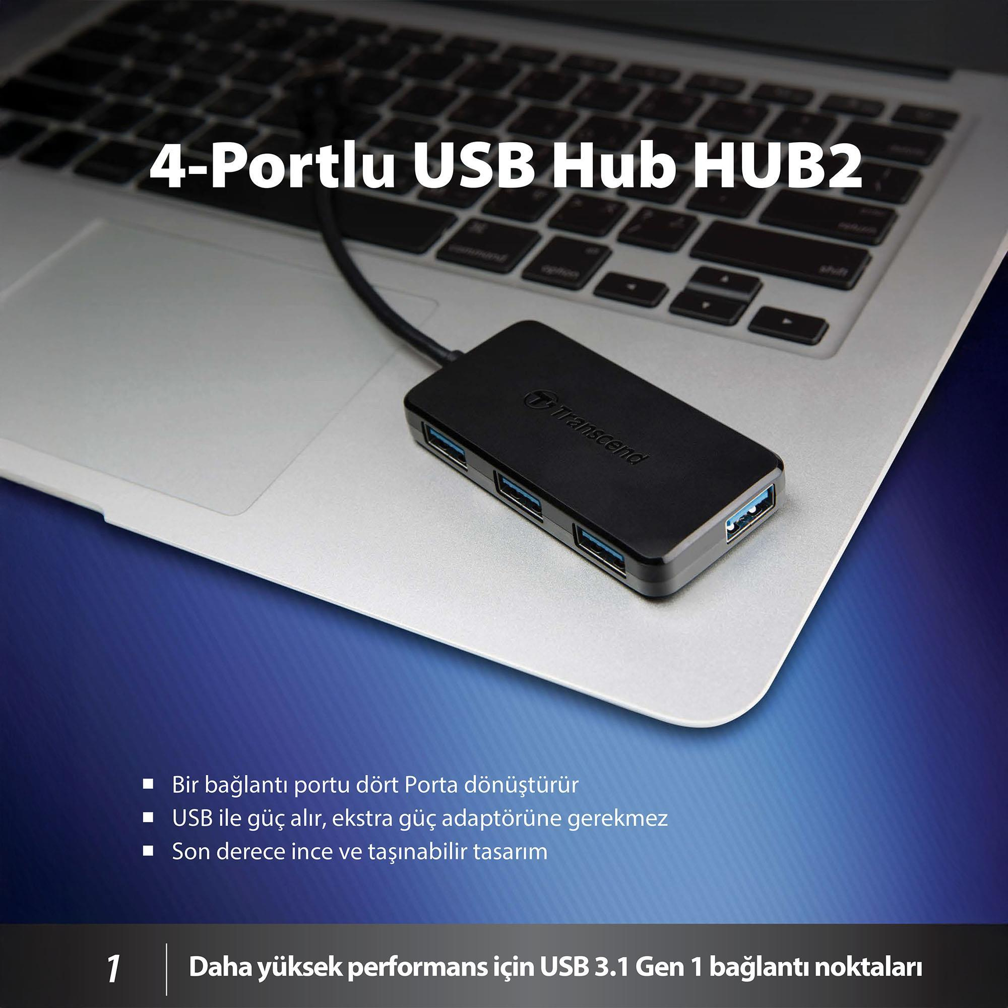 Un hub USB nero a 4 porte Transcend si trova su un laptop davanti a uno sfondo blu.