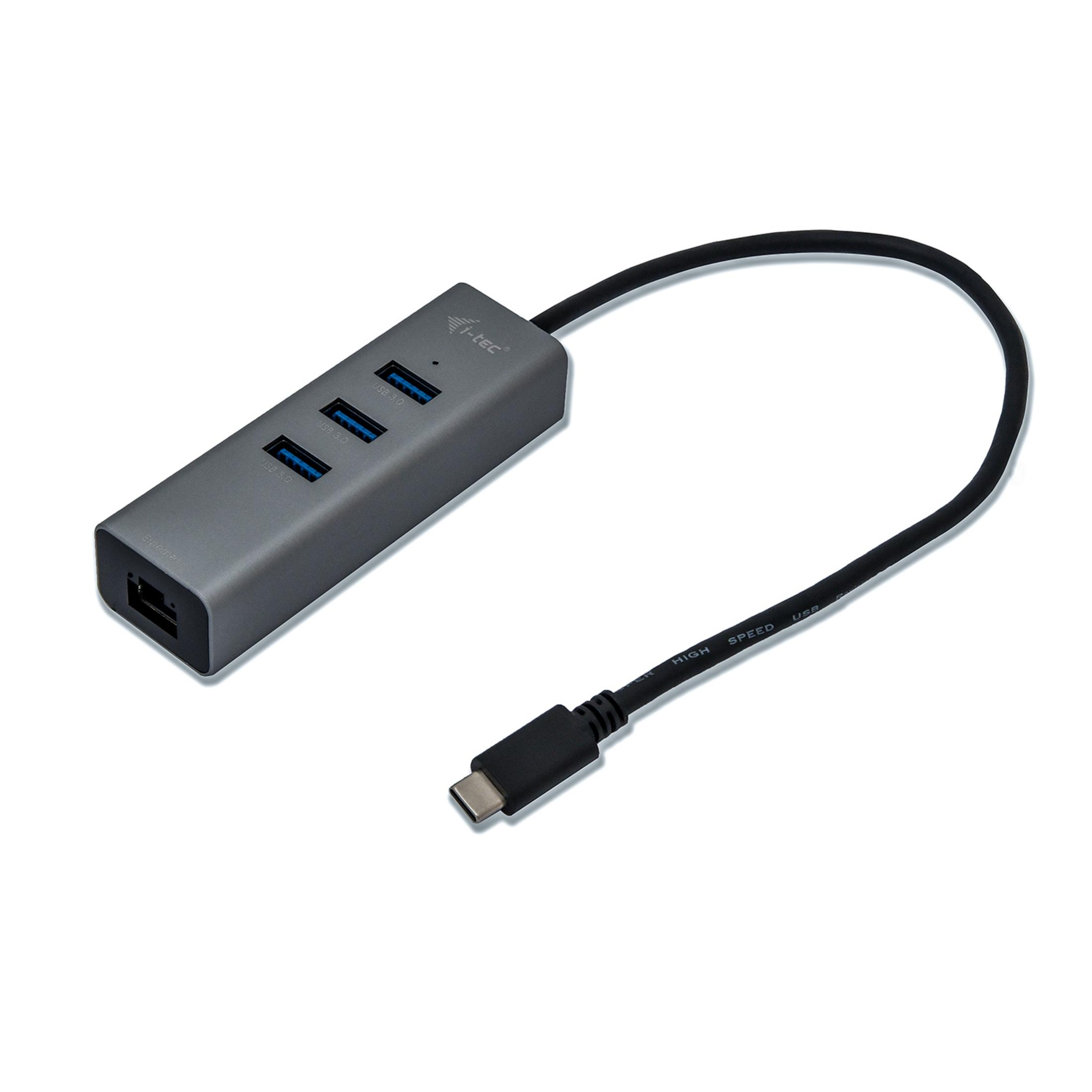 Hub USB gris avec trois ports USB 3.0, Ethernet et un câble USB-C attaché sur un fond blanc.