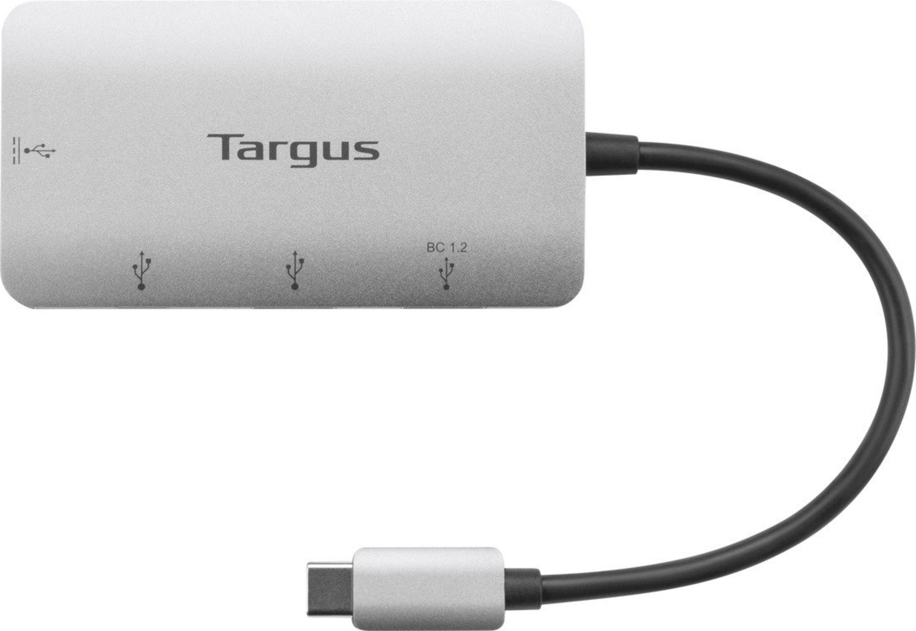 Silberner Targus USB-Hub mit drei USB-Anschlüssen und angeschlossenem USB-C-Kabel auf weißem Hintergrund.
