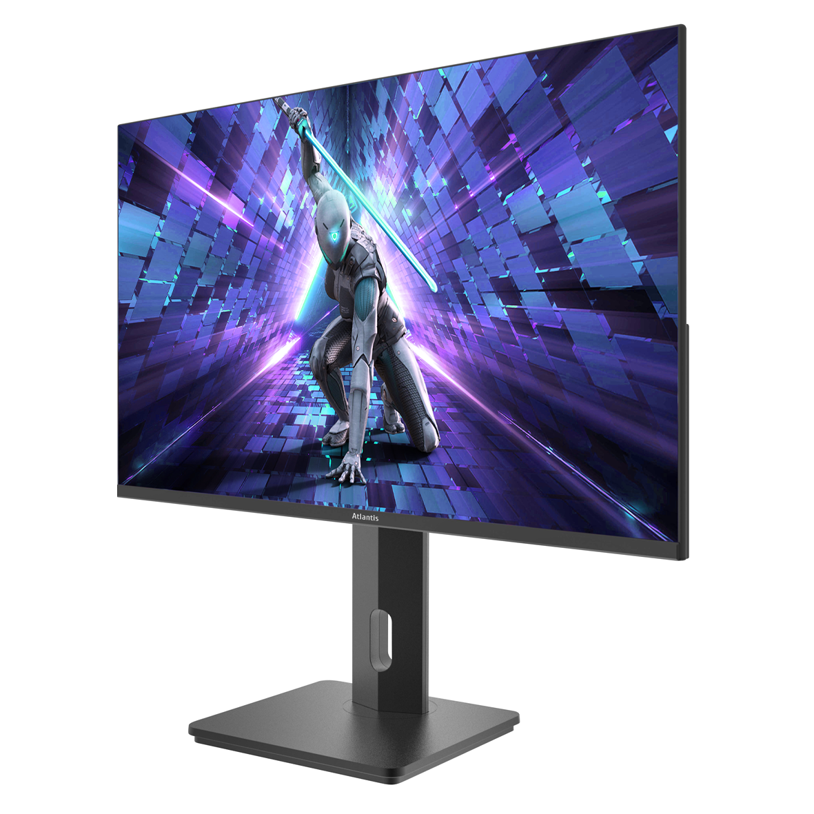 Un monitor nero su supporto mostra un gioco di fantascienza futuristico con un personaggio robotico blu.
