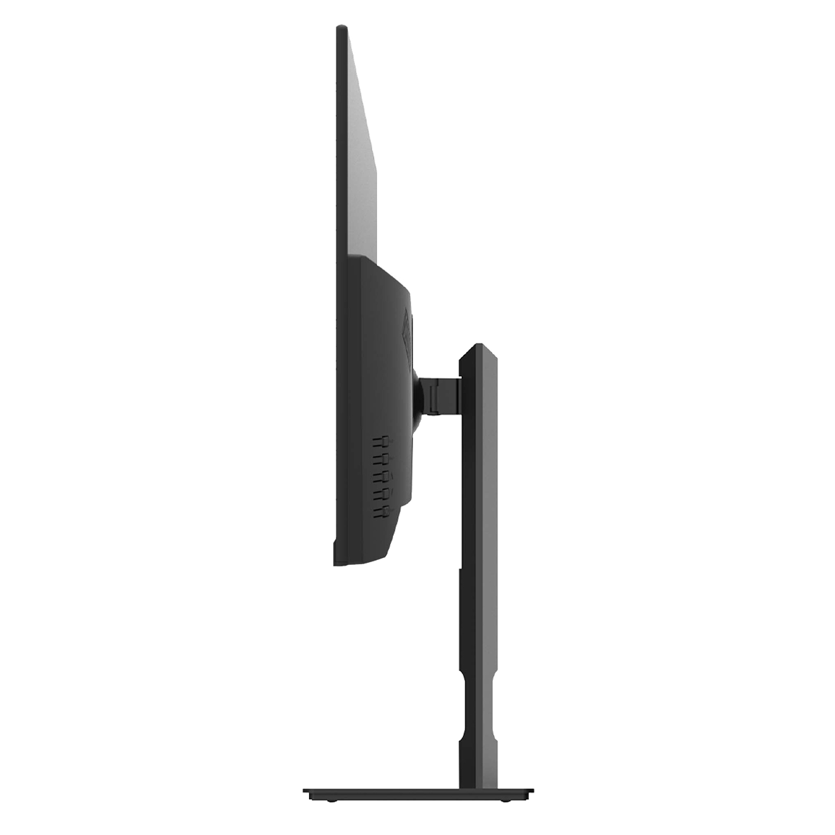 Vista laterale di un monitor per computer nero su supporto, che mostra le porte sul retro.