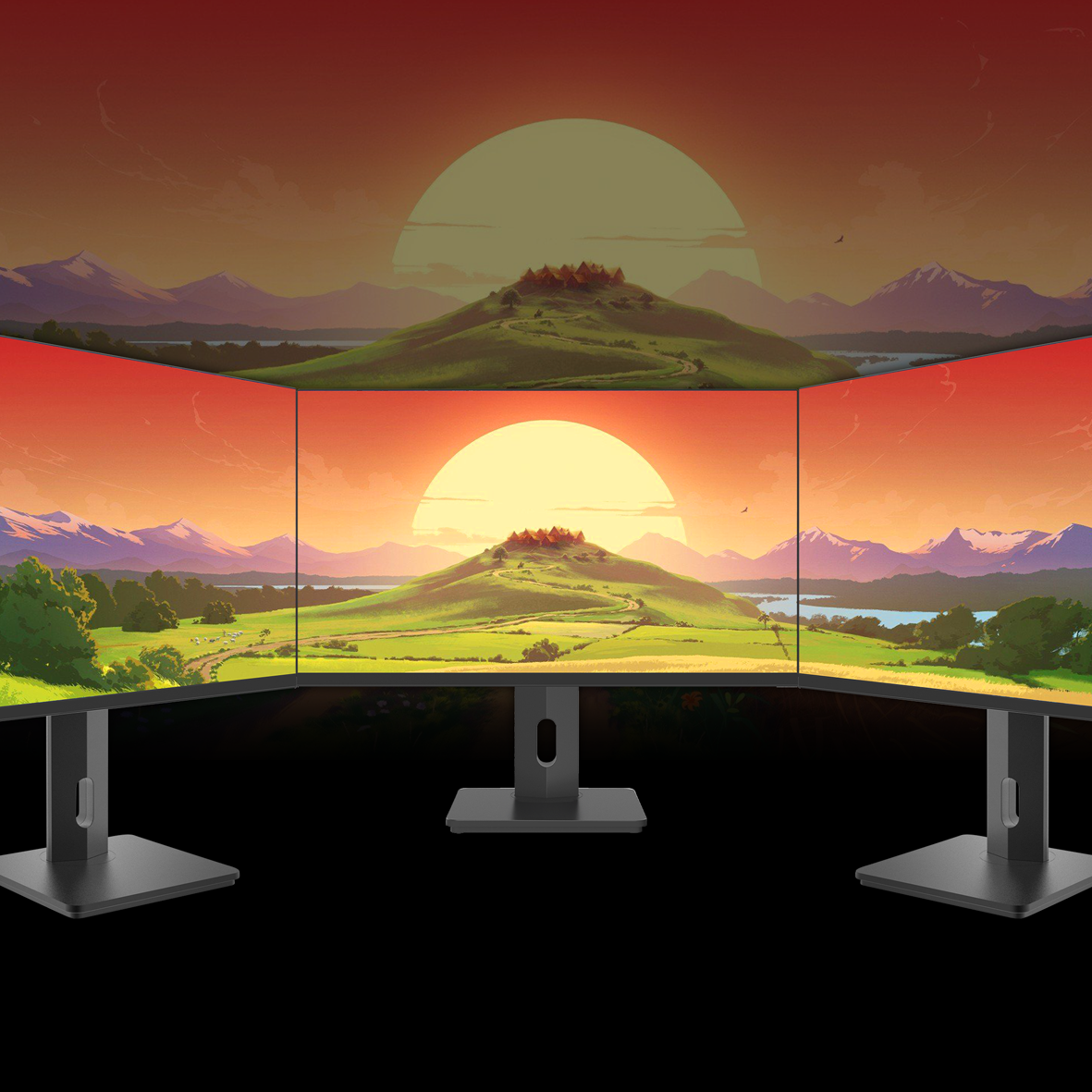 Tre monitor che mostrano un'immagine panoramica continua di un paesaggio collinare al tramonto.