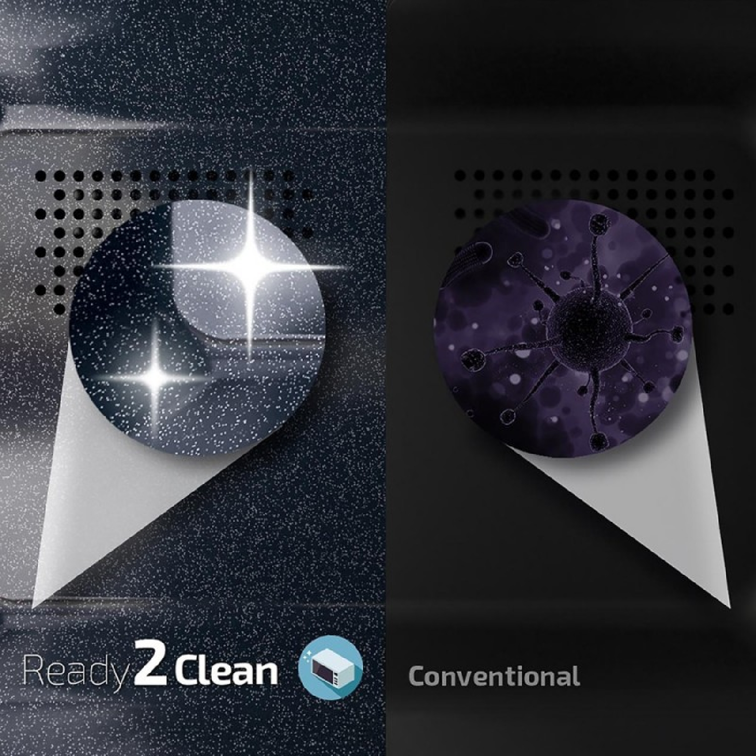 Comparación entre la superficie limpia Ready2Clean y una superficie convencional con bacterias.