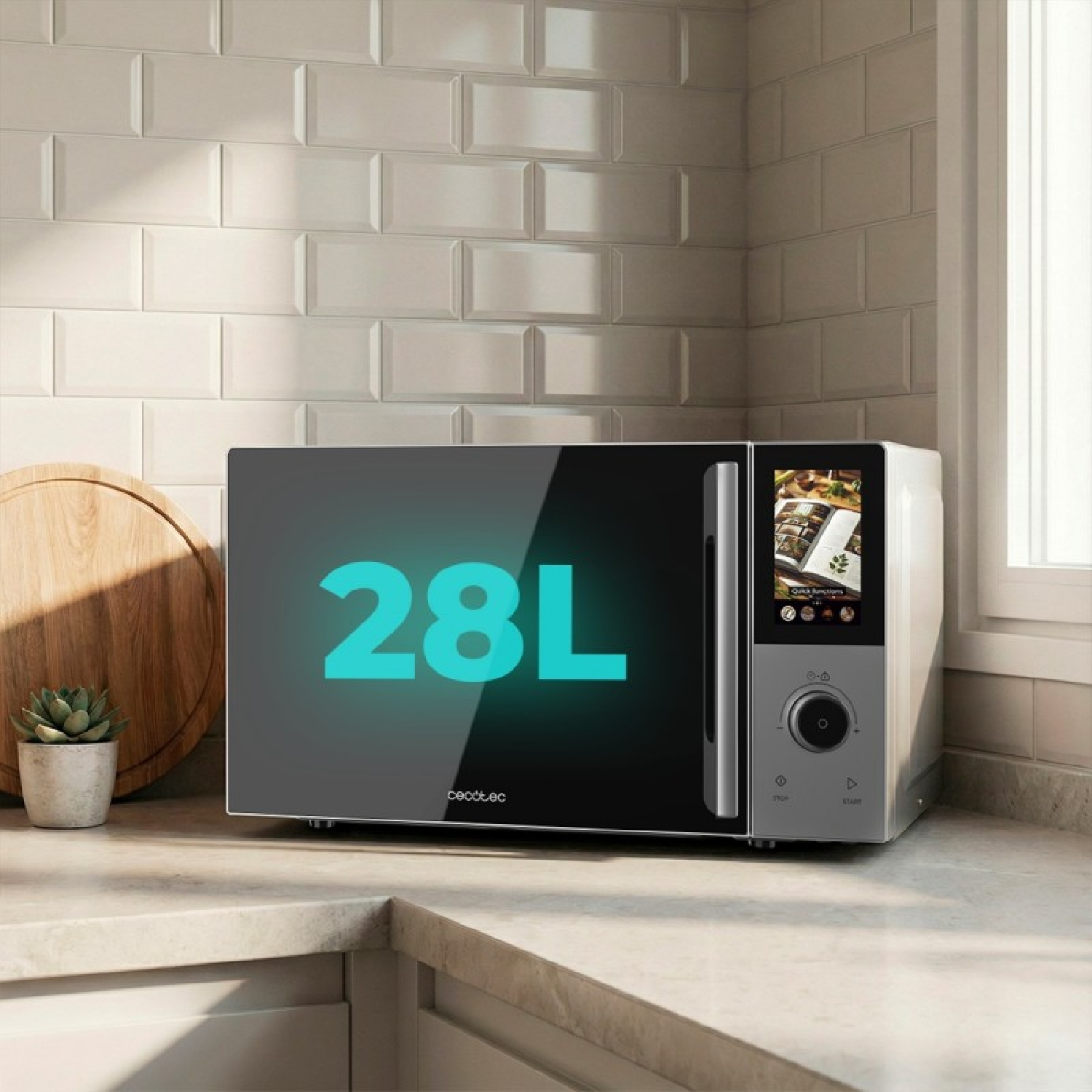Microondas moderno con pantalla de 28L y táctil en una encimera frente a azulejos blancos.
