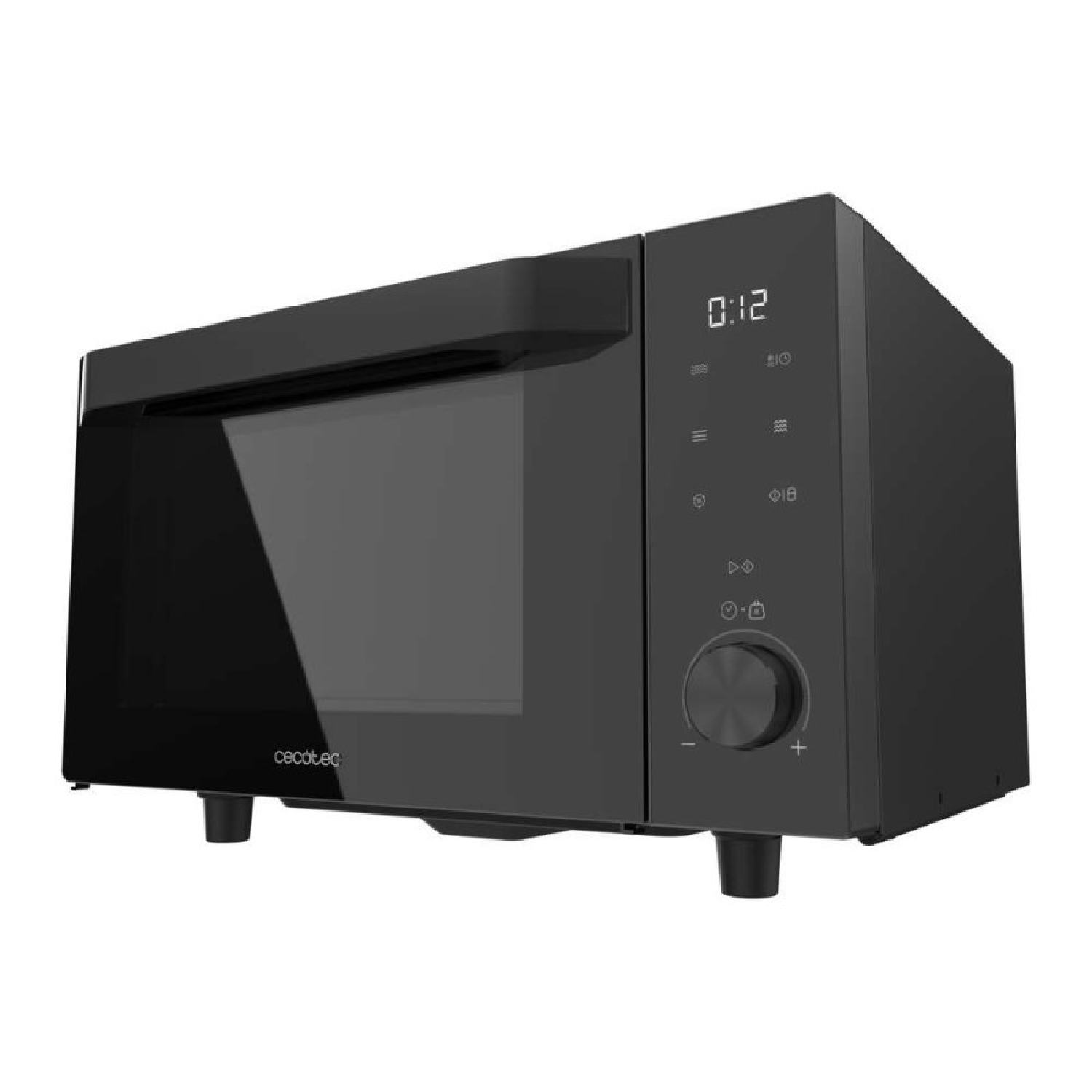 Moderno microondas negro con pantalla digital, panel táctil y un mando giratorio redondo a la derecha.
