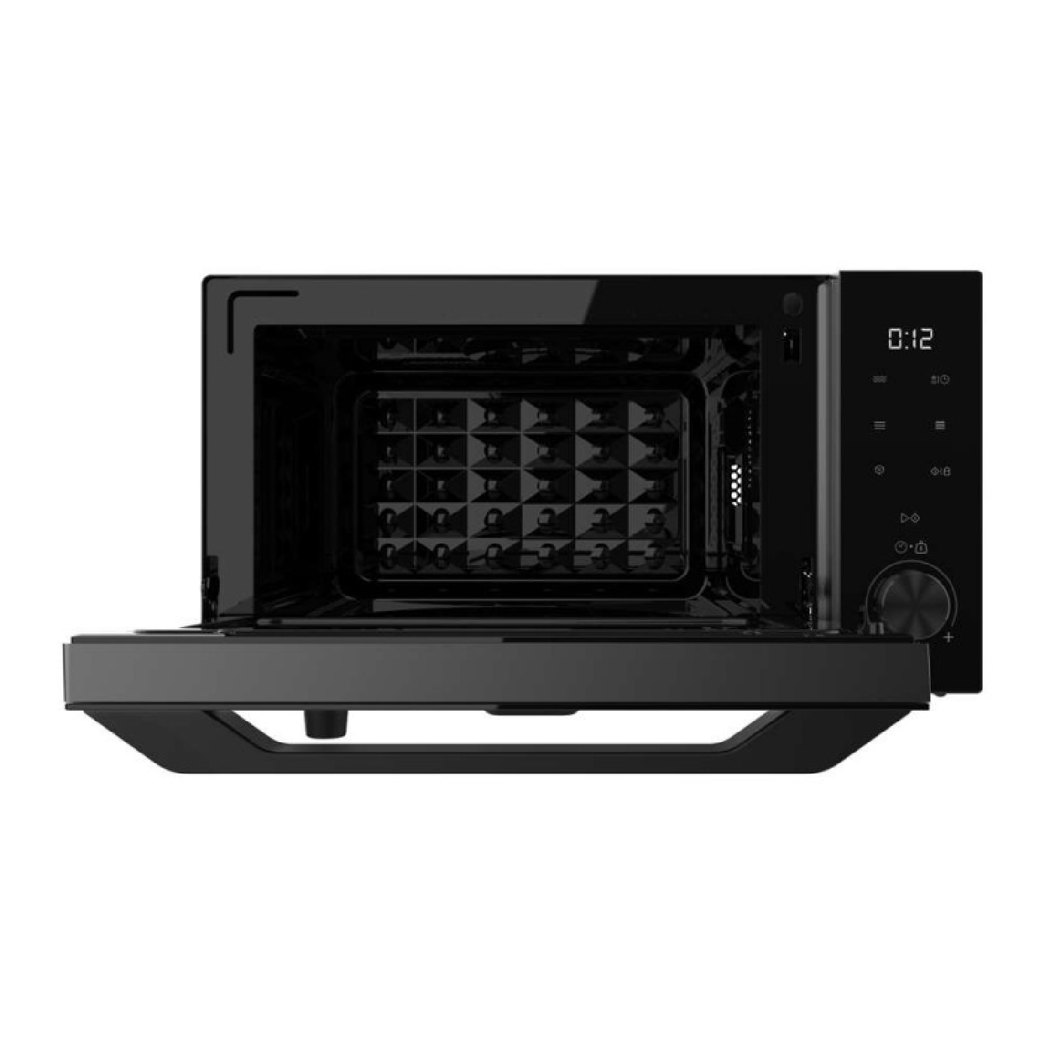Microondas negro con puerta abierta, pantalla digital e interior texturizado sobre fondo blanco.