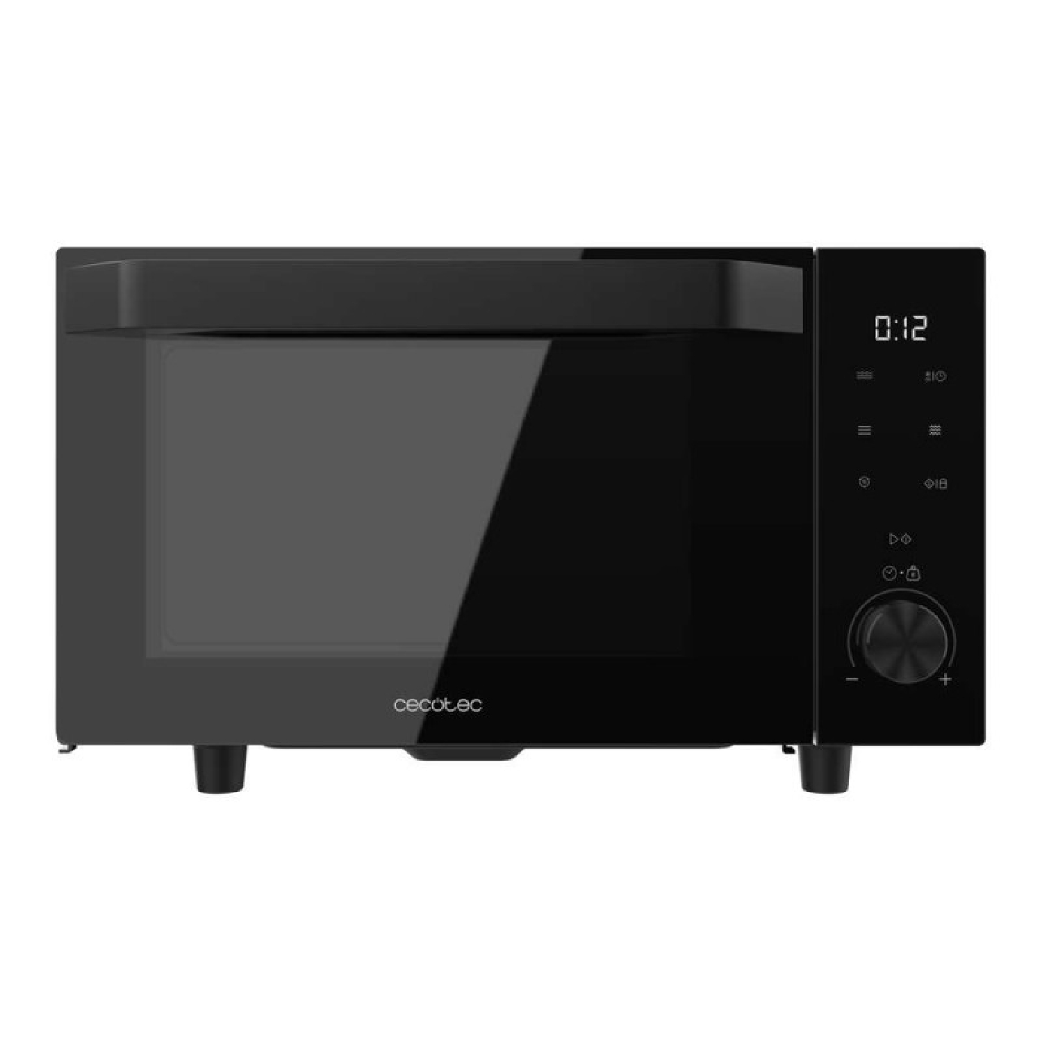 Microondas Cecotec negro con pantalla digital y mando de control a la derecha.