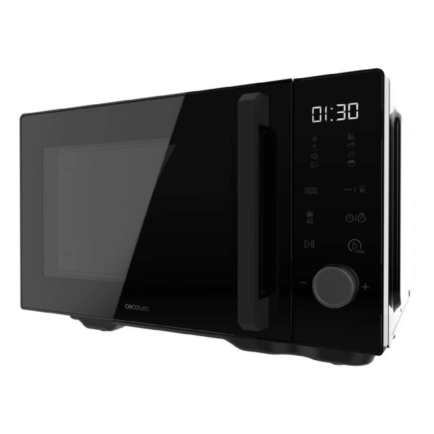 Un microondas moderno negro con pantalla digital, controles táctiles y un mando giratorio sobre fondo blanco.