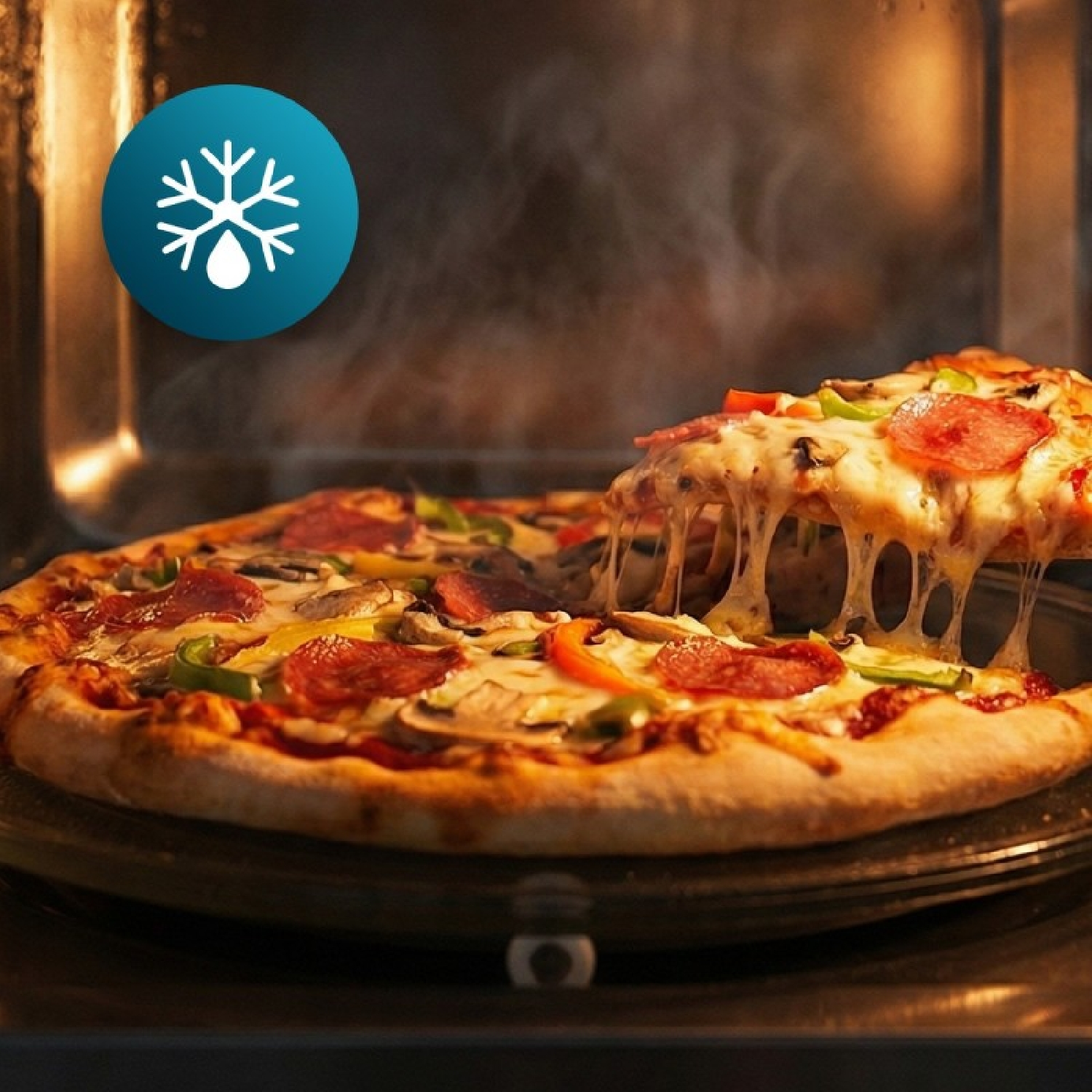 Pizza caliente con queso fundido, pepperoni y verduras dentro de un horno, con un icono azul de copo de nieve.