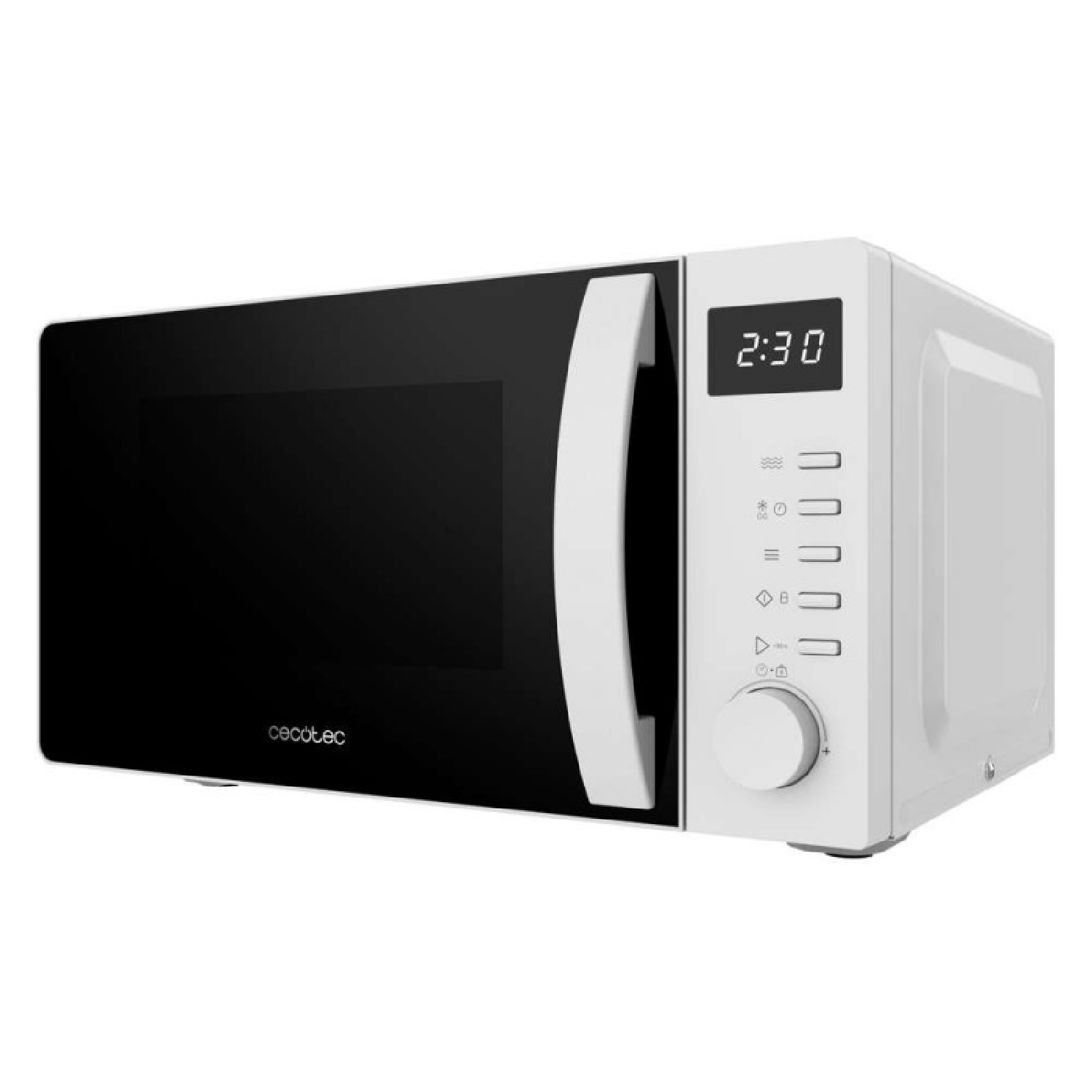 Un microondas blanco con puerta de cristal negro, pantalla digital y botones en el panel derecho.