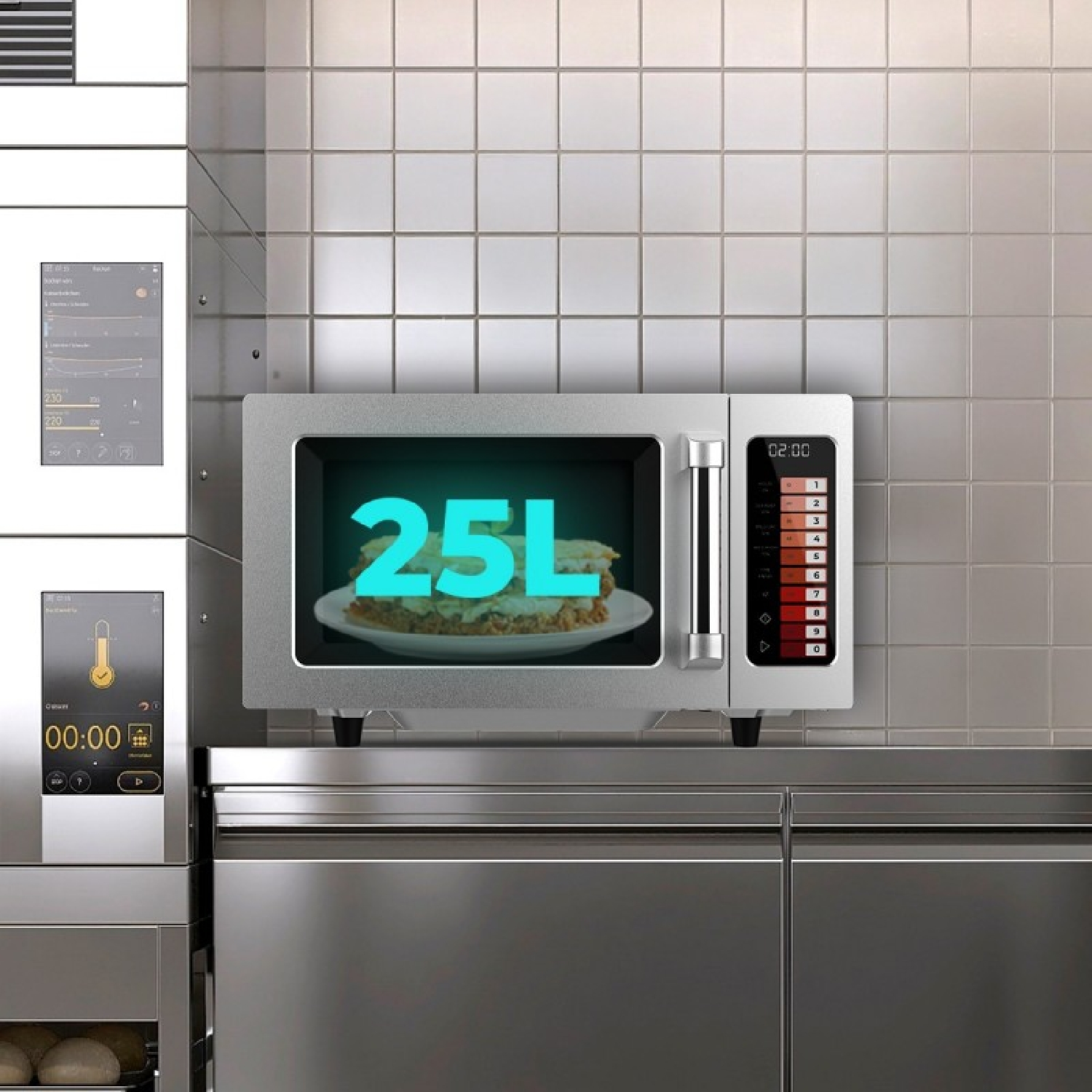 Microondas plateado con el texto 25L en la pantalla, en una cocina moderna con azulejos blancos.
