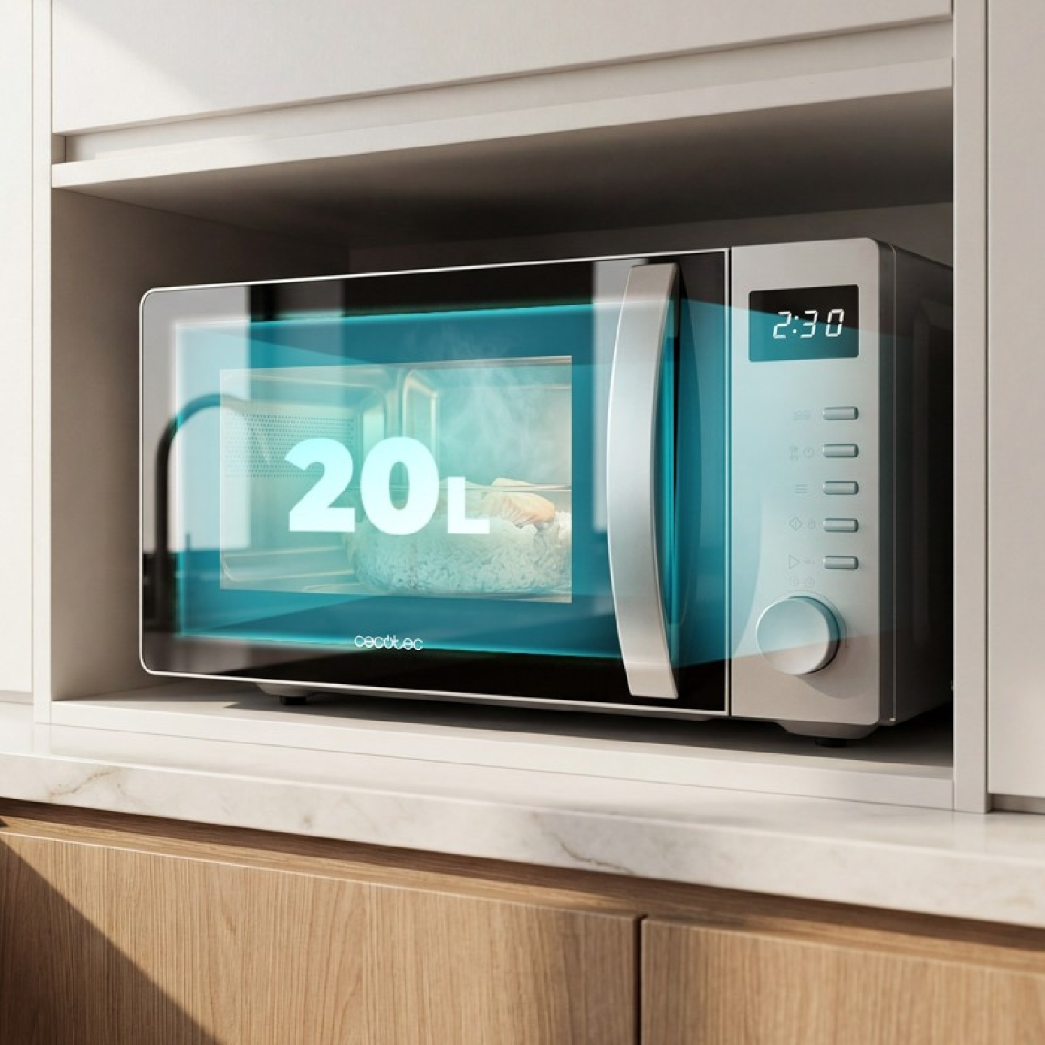 Microondas plateado moderno con pantalla digital colocado en un nicho de cocina blanco.