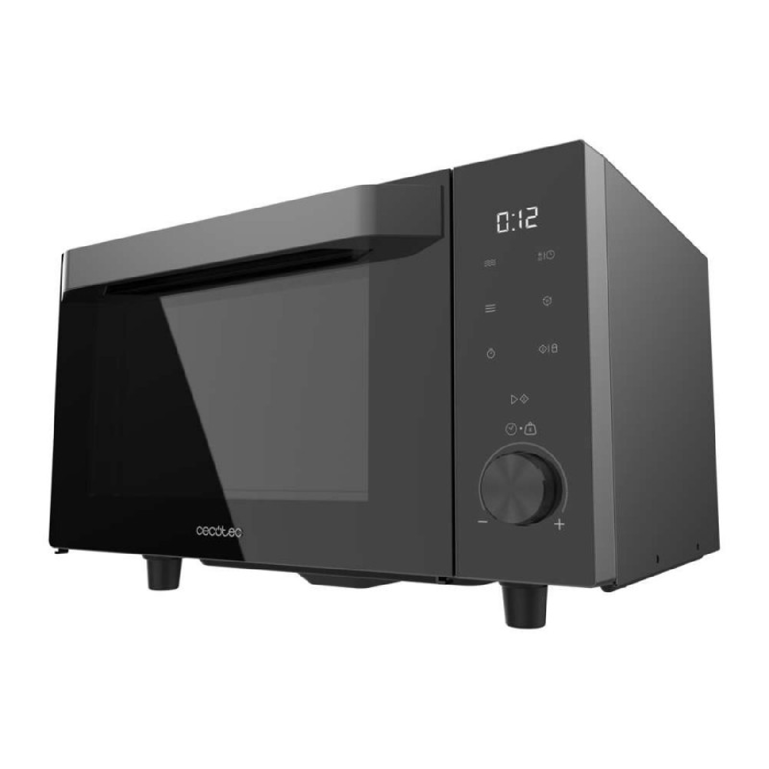 Moderno horno microondas negro con pantalla digital y botón de control sobre fondo blanco.