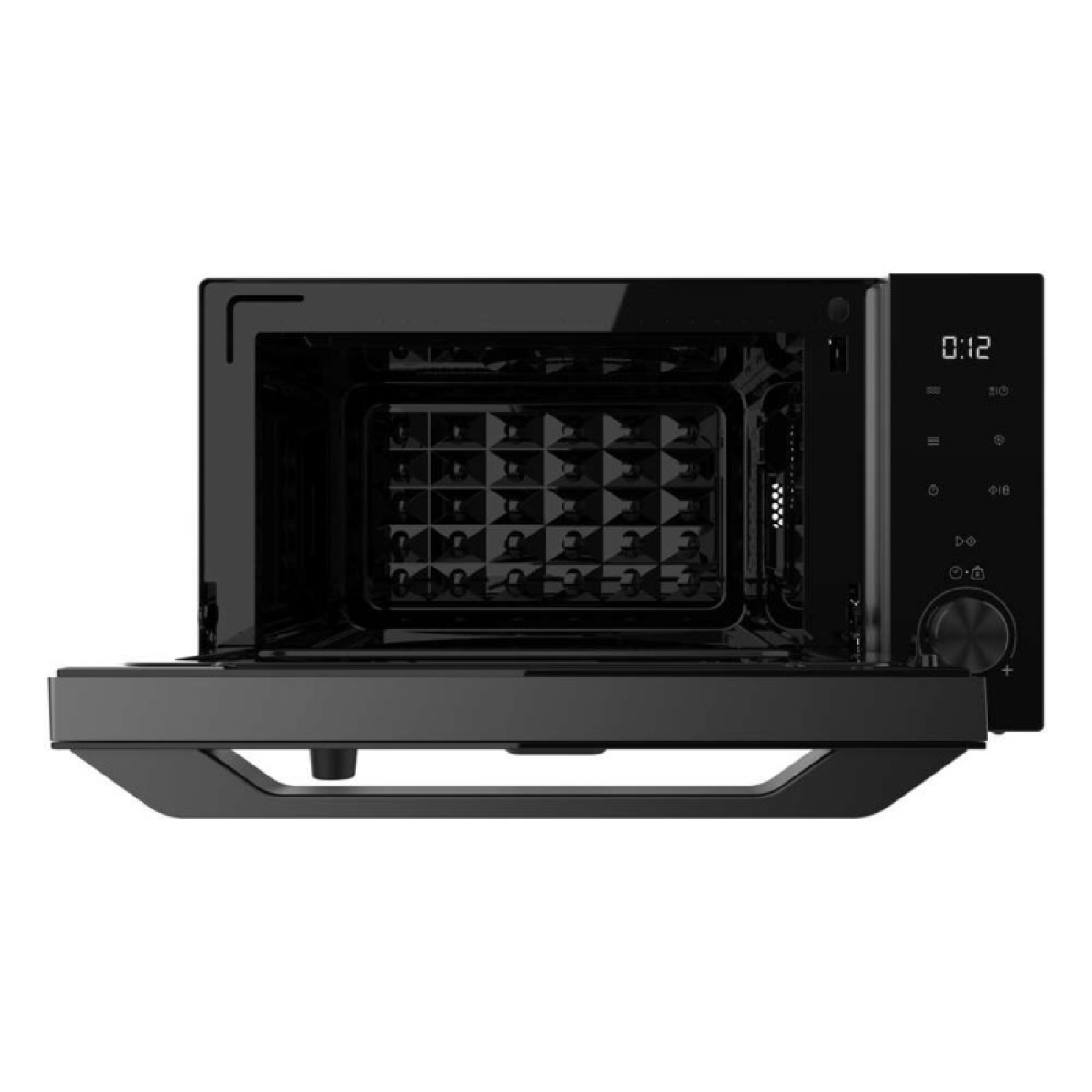 Un microondas negro con la puerta abierta, interior texturizado y panel de control digital.