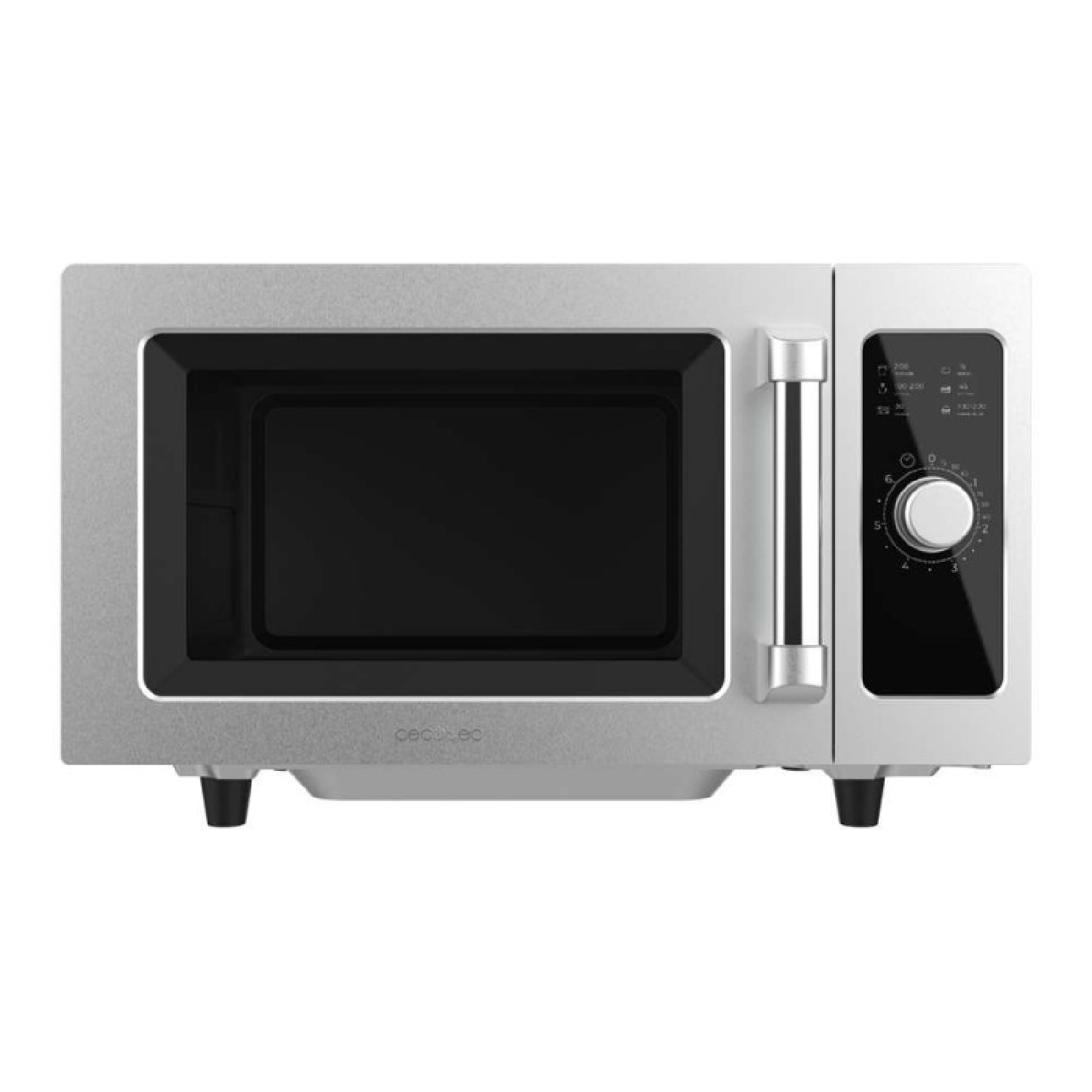 Microondas plateado con puerta de vidrio negro, tirador vertical y panel de control con mando giratorio.