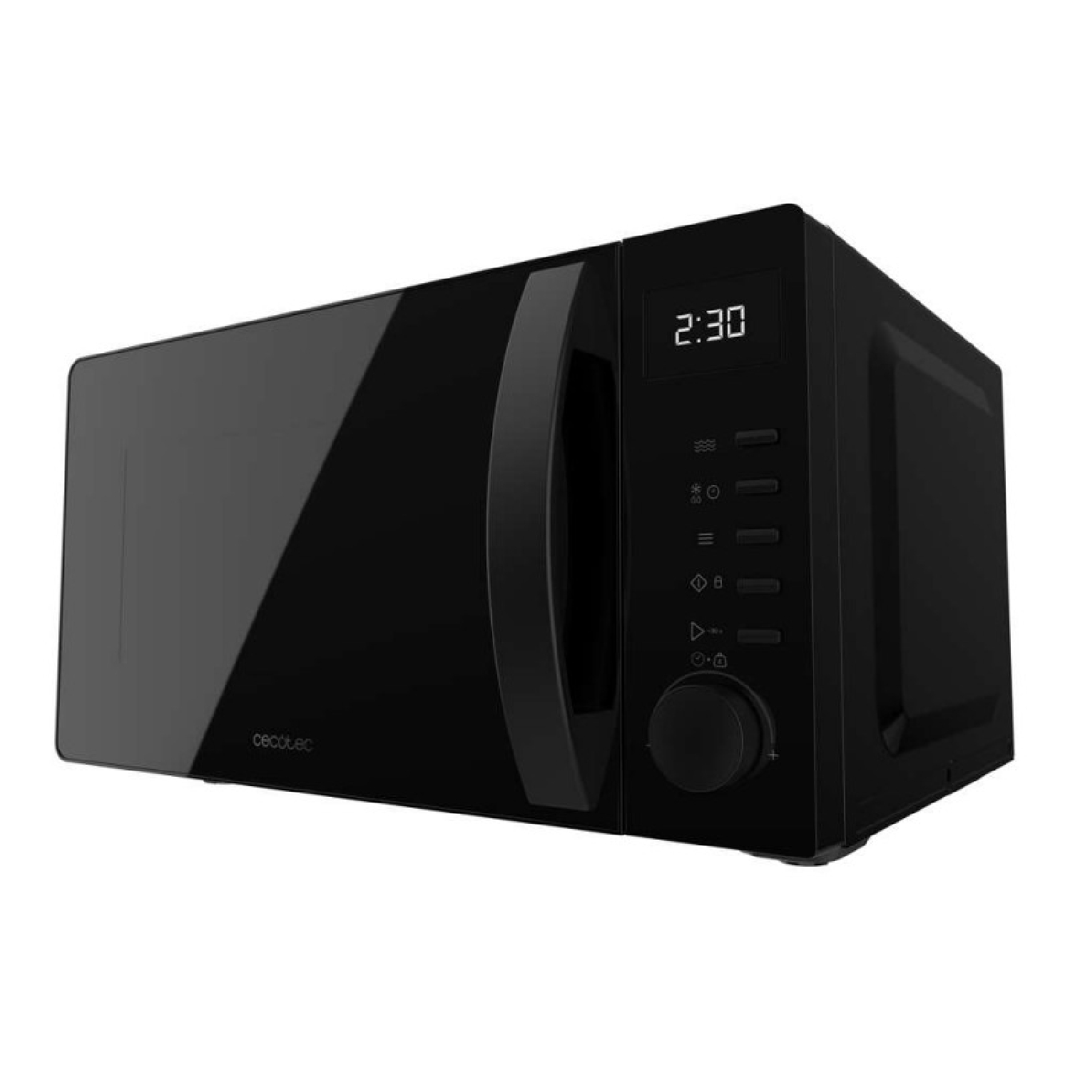 Un microondas negro con pantalla digital y botón giratorio sobre fondo blanco.