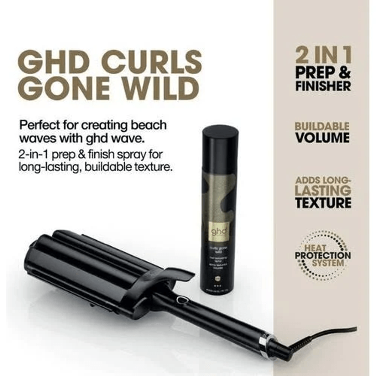 Arricciacapelli GHD e spray su sfondo chiaro con testo.