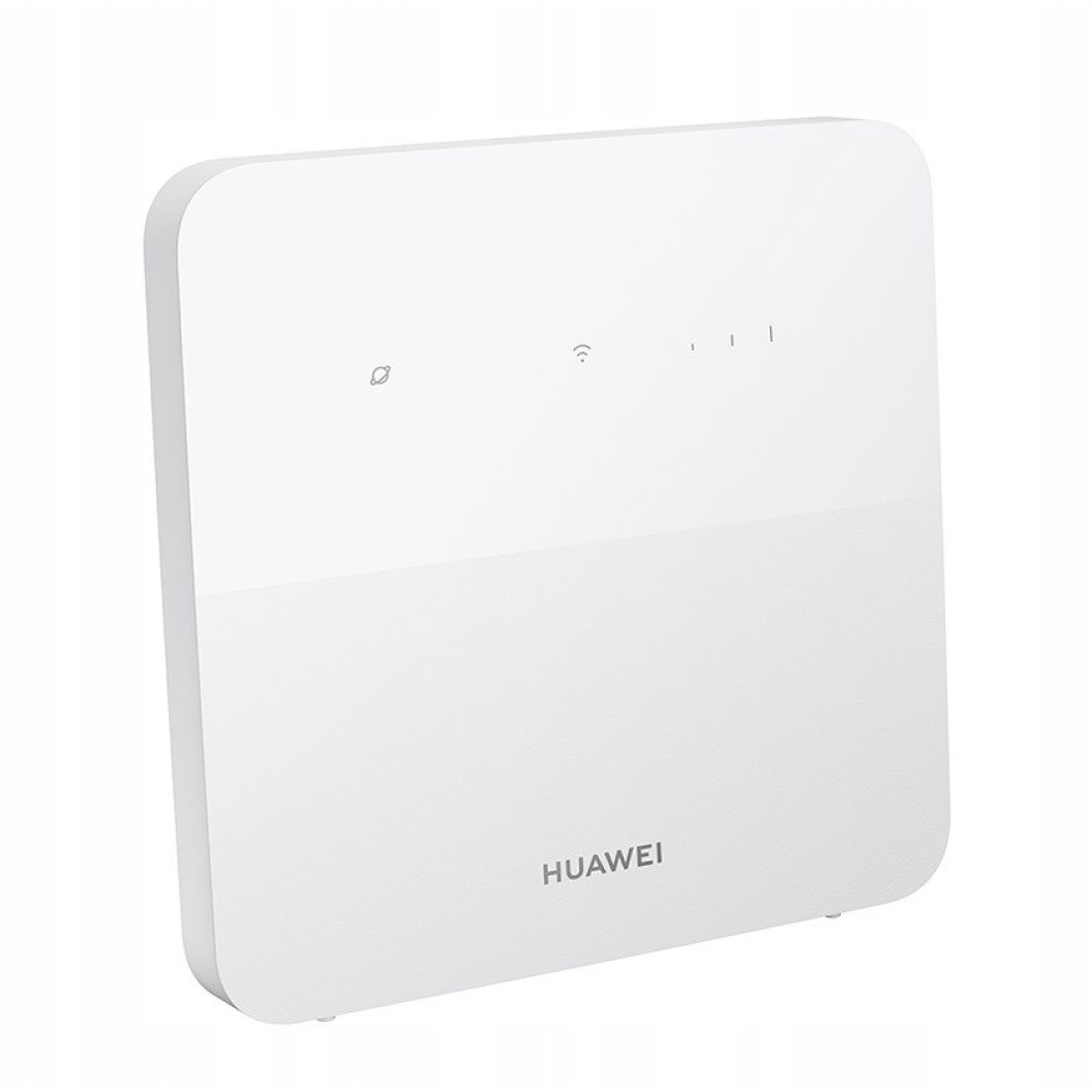 Biały router Huawei z wskaźnikami LED i logo Huawei z przodu na białym tle.