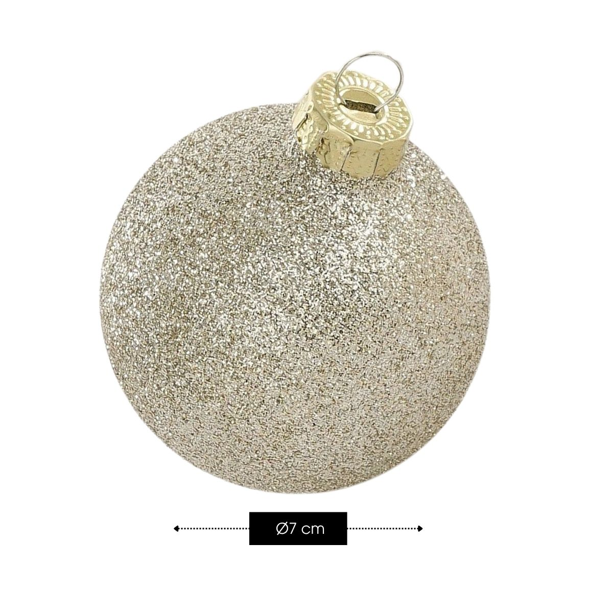 A sparkling gold Christmas ornament with a diameter of 7 cm, featuring a gold cap and a hanging loop on top.