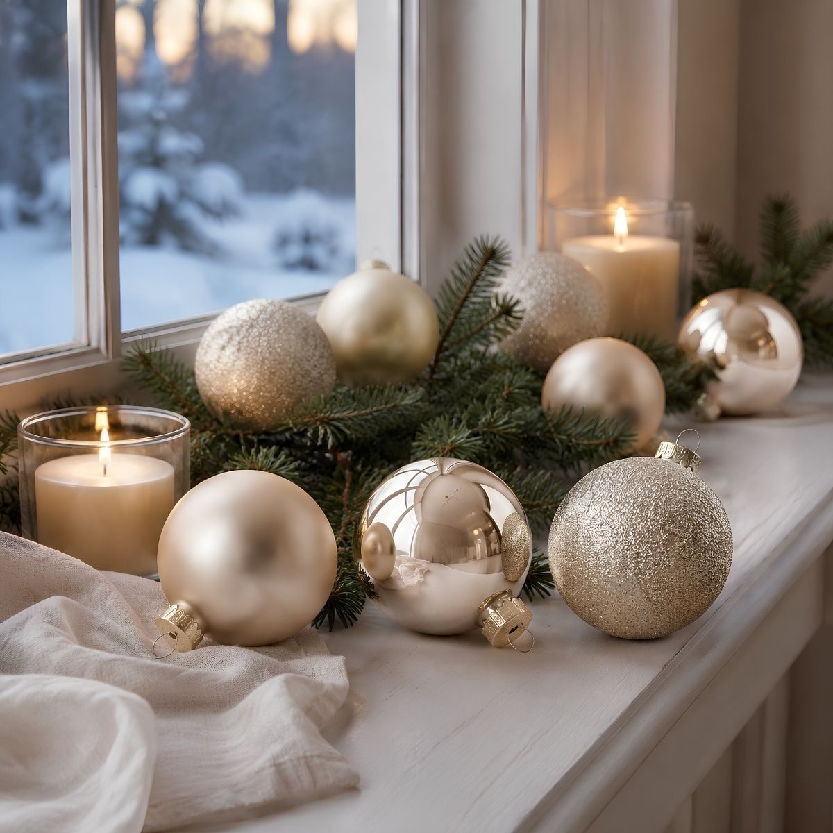 Gold and silver Christmas ornaments, pine branches, and lit candles on a snowy windowsill.