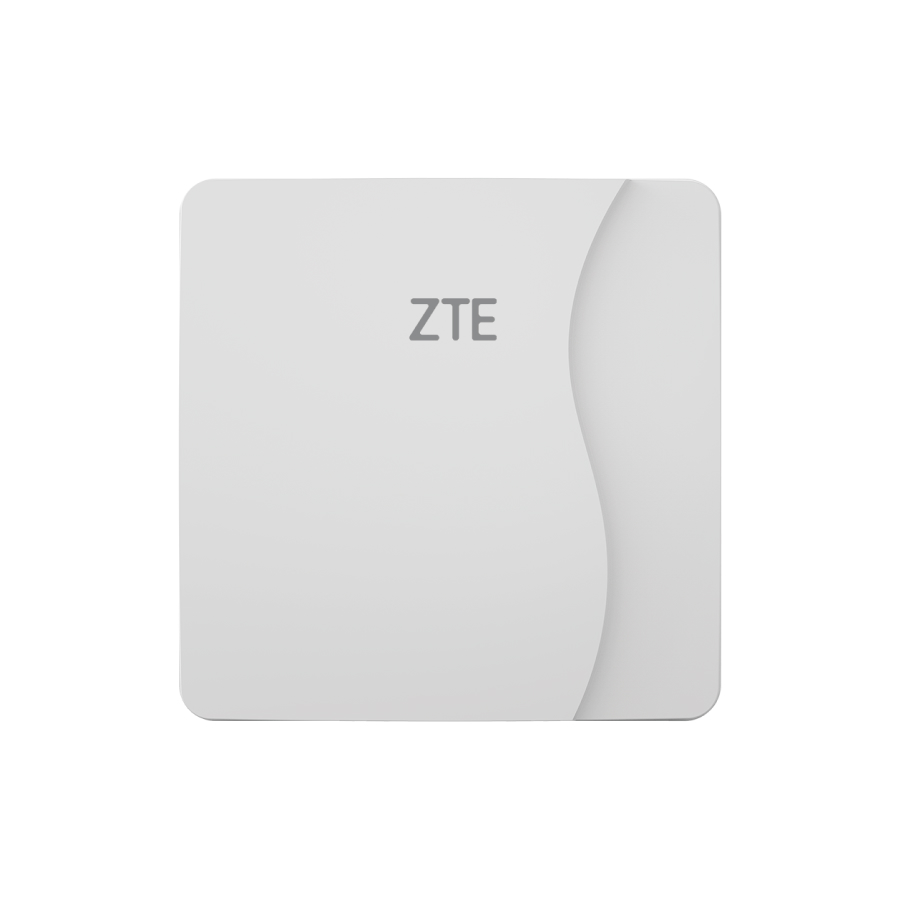 Ein weißer quadratischer ZTE-Router mit einer leicht gewellten vertikalen Linie auf der rechten Seite vor weißem Hintergrund.