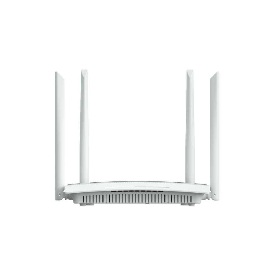 Ein weißer WLAN-Router mit vier senkrechten Antennen auf weißem Hintergrund.