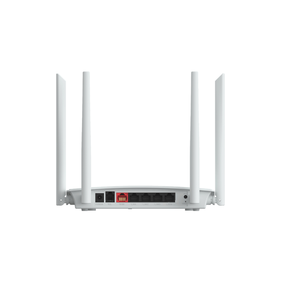 Rückseite eines weißen WLAN-Routers mit vier Antennen, Stromanschluss und mehreren LAN- sowie WAN-Ports.