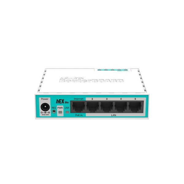 Un enrutador blanco MikroTik hEX lite con un panel frontal azul que muestra puertos Ethernet y entrada de energía.