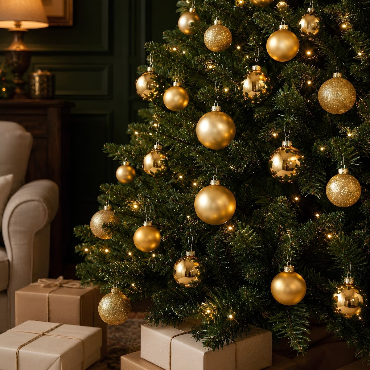 A decorated Christmas tree with glowing lights and golden baubles, with wrapped gifts underneath.