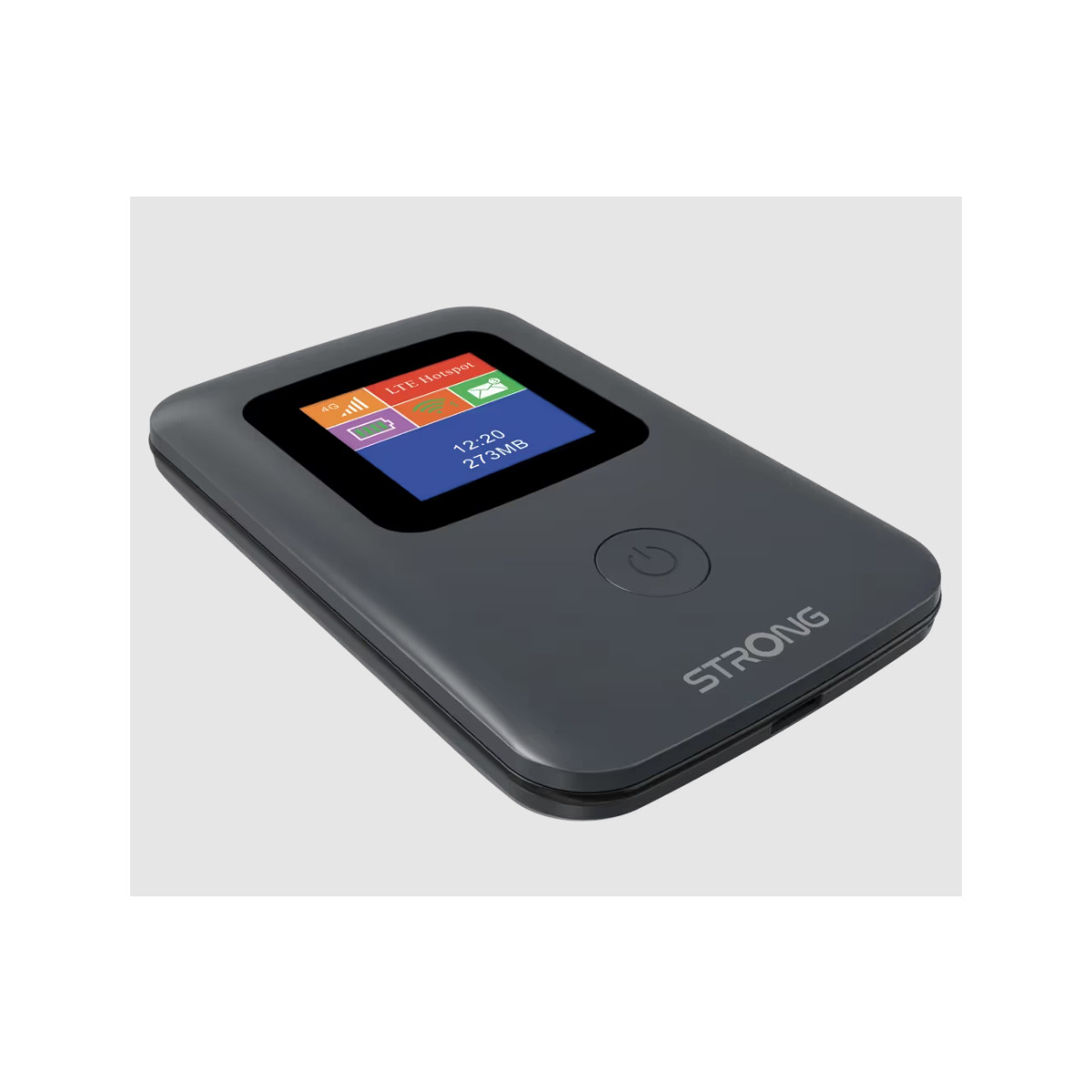 Dunkelgrauer mobiler WLAN-Router von STRONG mit Farbdisplay und Einschalttaste auf grauem Hintergrund.