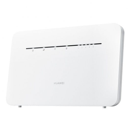 Un router Huawei bianco con spie LED su sfondo bianco.