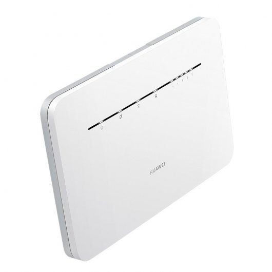 Un router Wi-Fi Huawei bianco su sfondo bianco con indicatori LED illuminati.