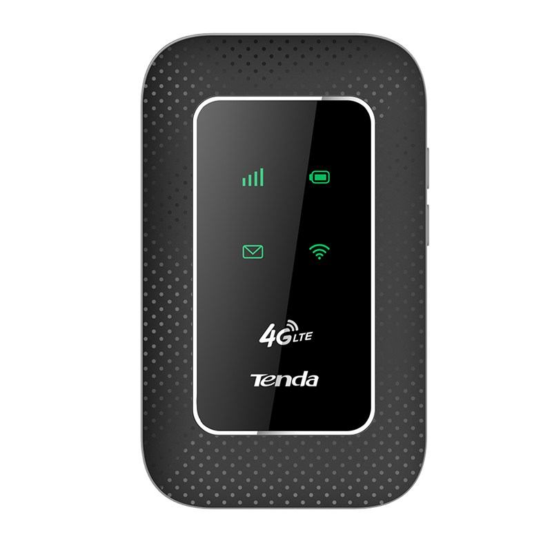 Router Wi-Fi mobile Tenda 4G LTE nero con indicatori di stato luminosi.