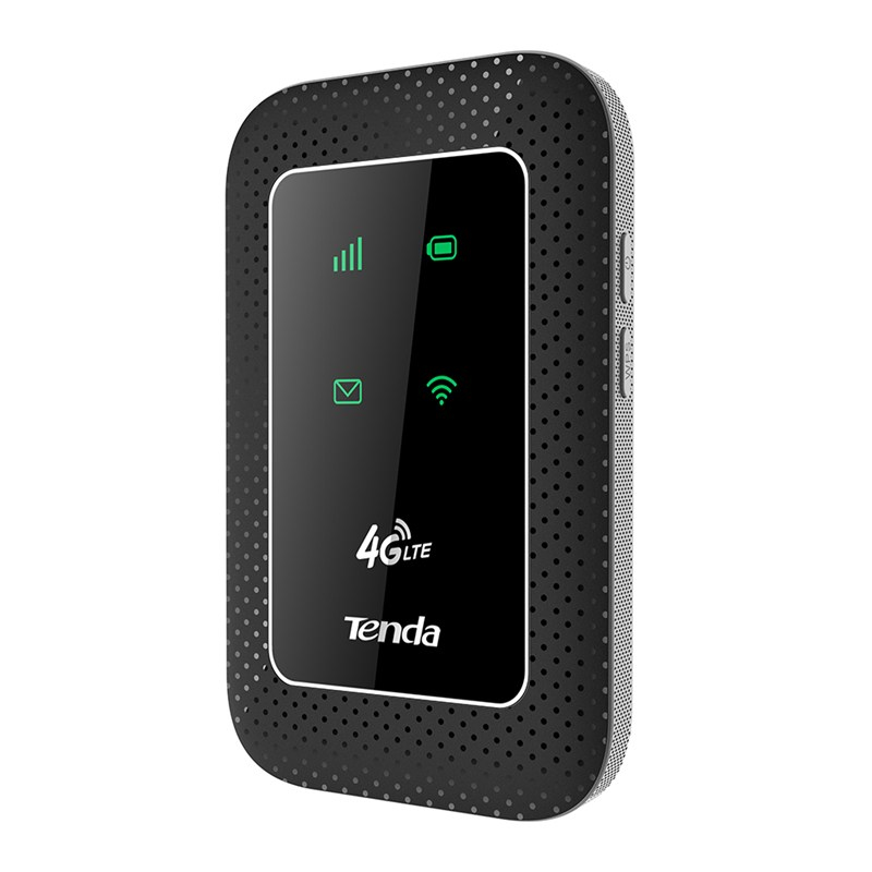 Router Wi-Fi Tenda 4G LTE nero con indicatori LED verdi sul pannello frontale su sfondo bianco.