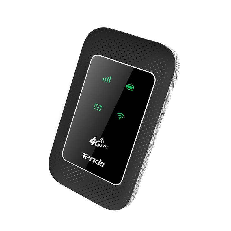 Un router Wi-Fi Tenda 4G LTE nero con spie LED verdi su sfondo bianco.