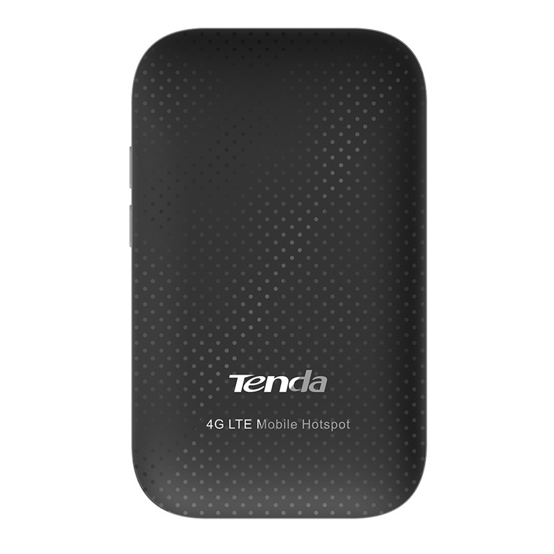 Un hotspot mobile Tenda 4G LTE nero con motivo a pois sulla parte anteriore.