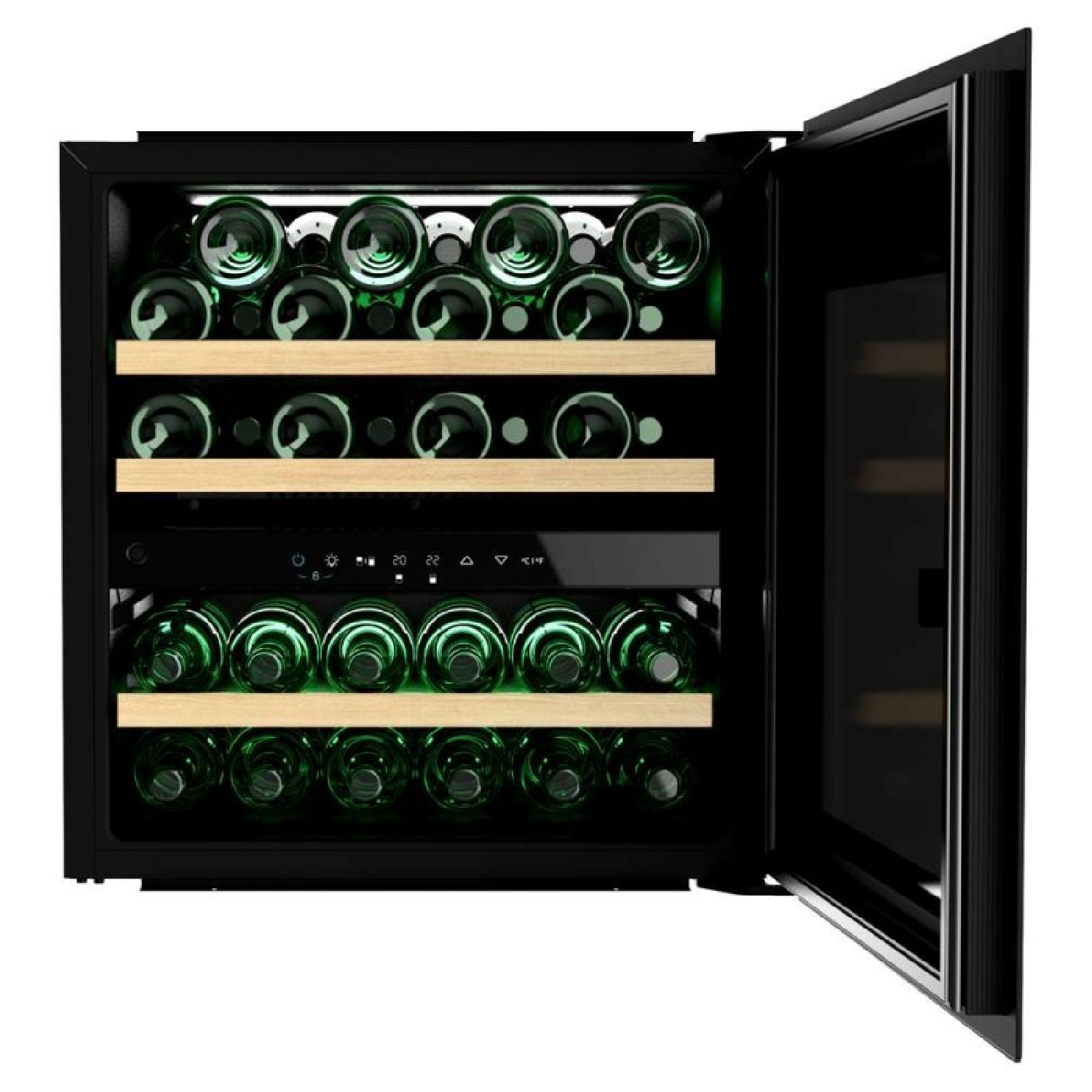 Una vinoteca negra con estantes de madera llenos de botellas de vino verde y puerta de cristal abierta.