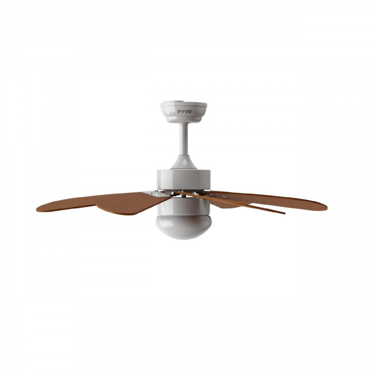 Un ventilador de techo blanco con aspas de madera sobre fondo liso.