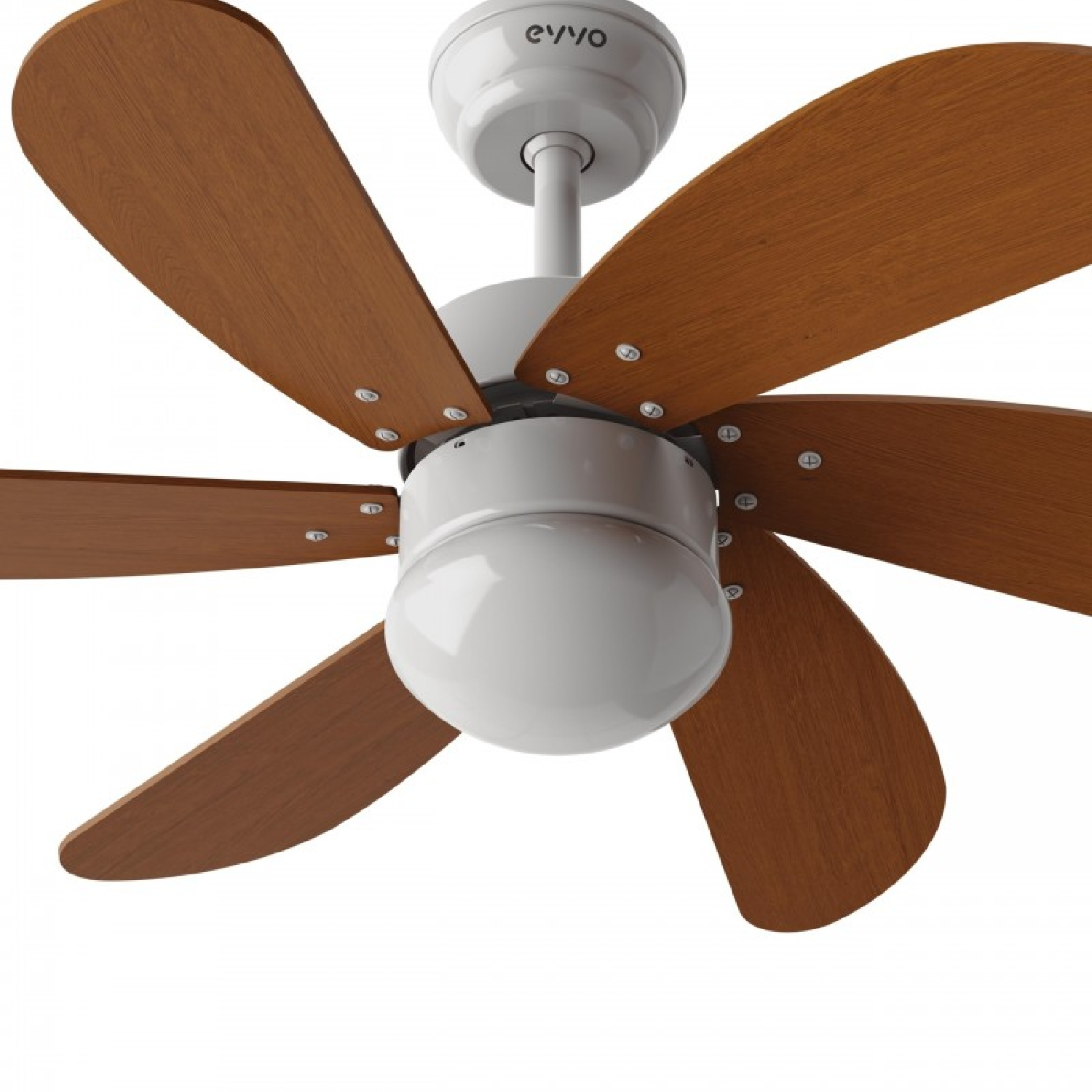 Un ventilador de techo blanco con aspas de madera y una luz redonda integrada sobre fondo blanco.