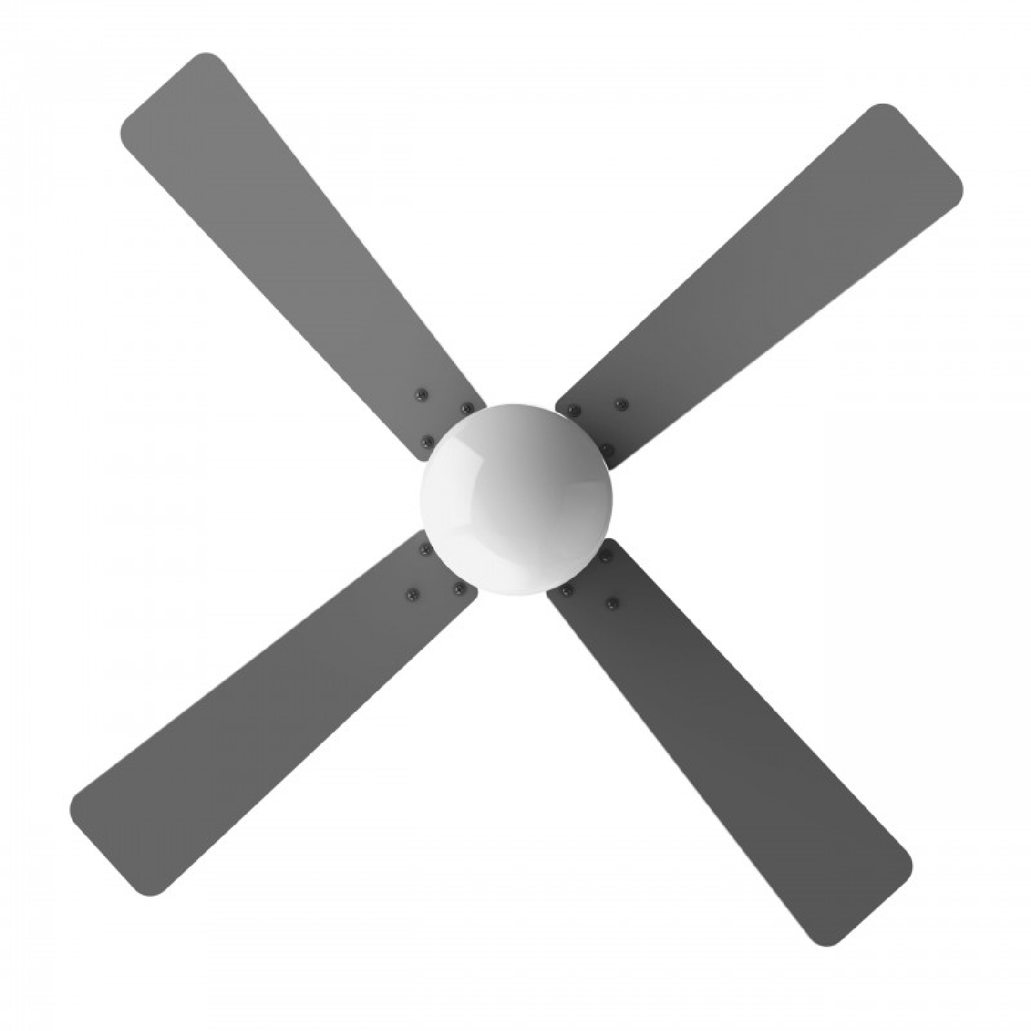 Un ventilador de techo con cuatro aspas grises y una luz redonda blanca en el centro sobre fondo blanco.